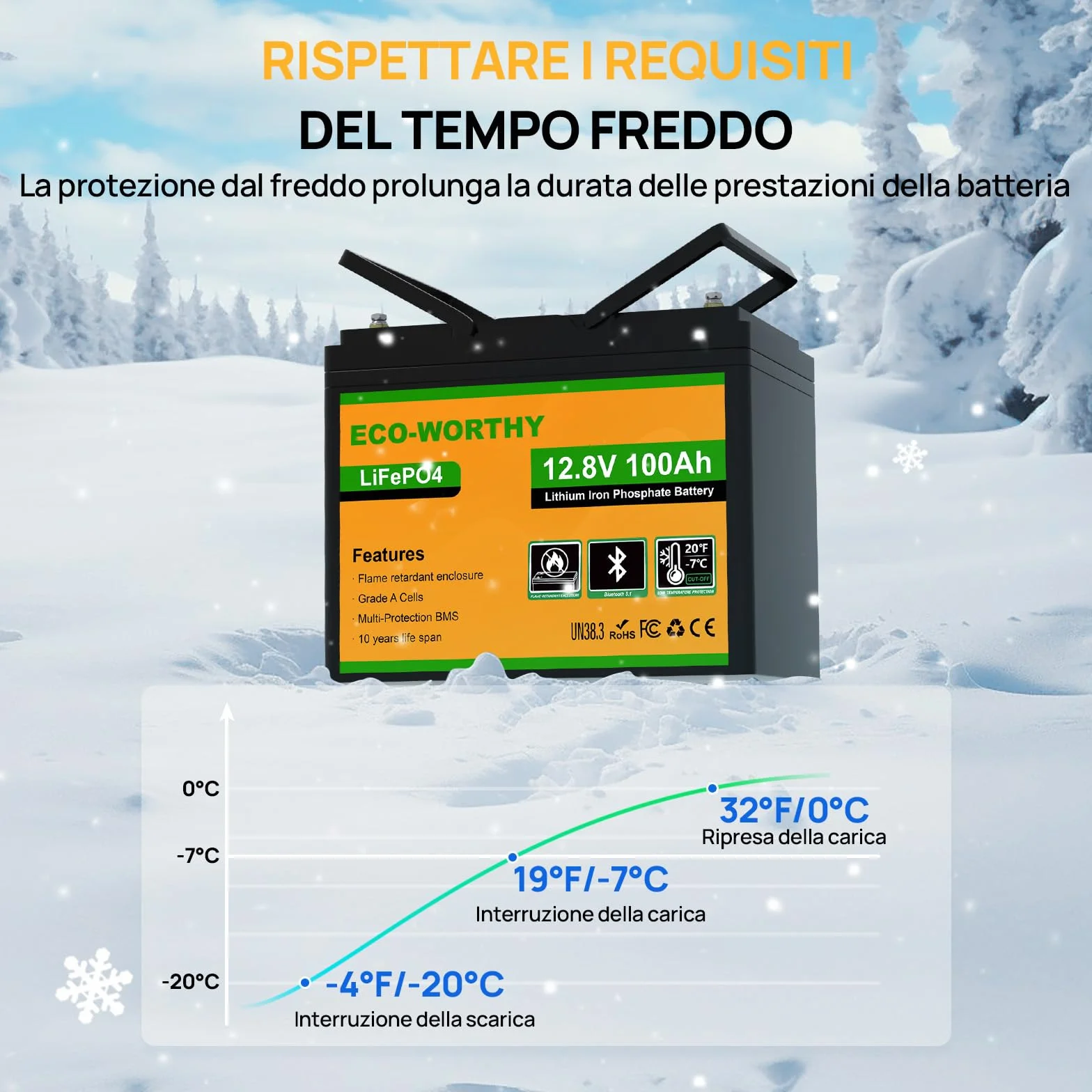ECO-WORTHY Lifepo4 Batteria al litio Bluetooth 12 V 100 AH, Batteria LiFePO4 con Protezione a Bassa Temperatura, BMS Intelligente, 1280 Wh Energia, per Caravan, Campeggio