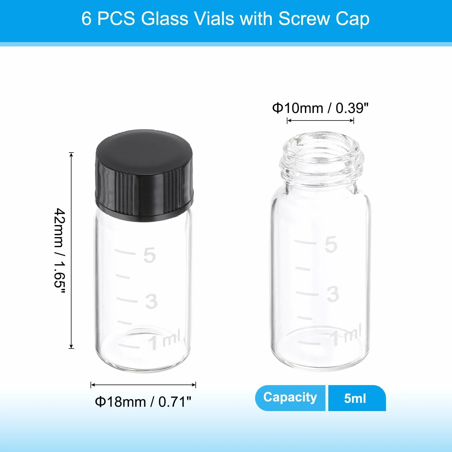 PATIKIL 6pz 5ml Piccoli Viali in Vetro Trasparente con Tappo a Vite Nero, Bottiglie di Campionamento in Vetro Borosilicato Graduato per Conservare Solidi Liquidi Polveri