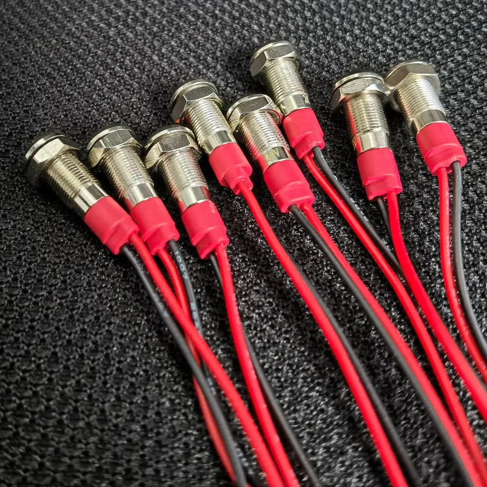 GUUZI 6mm LED Indicator 12-24V Waterproof Metal Panel Indicator Light Flat Head with Wires Silver Shell Red 8 Pcs