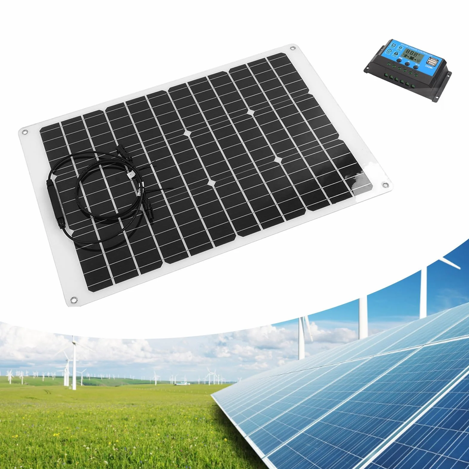 Aramox Kit Pannello Solare Flessibile, Set Pannello Solare Controller PET Monocristallino 70W 20V 4A con Diodo di Blocco Controller 40A per Tenda Cabina Barca Batteria 12V