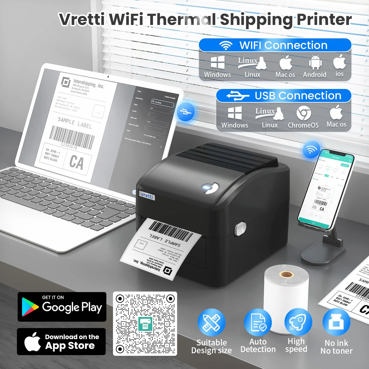 vretti Stampante Etichette Termica Professionale con WiFi e USB, Senza Cartuccia, Risparmio 70%, Testina 3X Durata 99.99% Scansione Riuscita, Compatibile con Amazon, DHL, eBay, Shopify