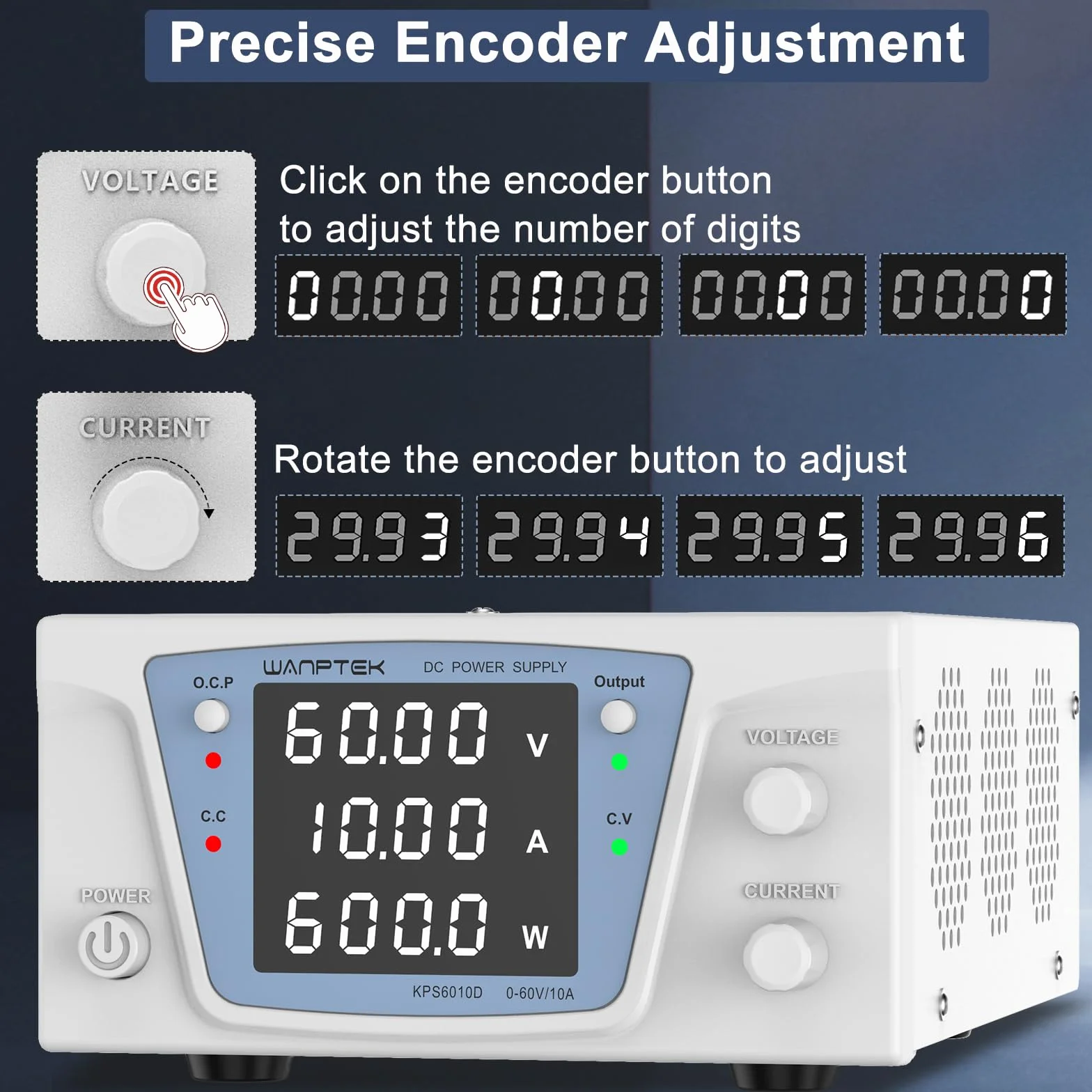 Alimentatore da Laboratorio 60V 10A 600W, Alimentatore da Banco DC Regolabile ad Alta Potenza, Display LED 4 Cifre ad Alta Precisione, Controllo Encoder e Pulsante Output