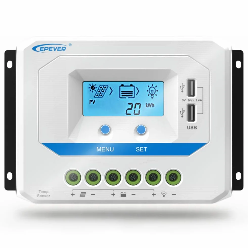 EPEVER® 10A Regolatore di Carica Solare 12V/24V che Identifica Automaticamente la Tensione di Sistema, con Display LCD e Porte USB - VS1024AU