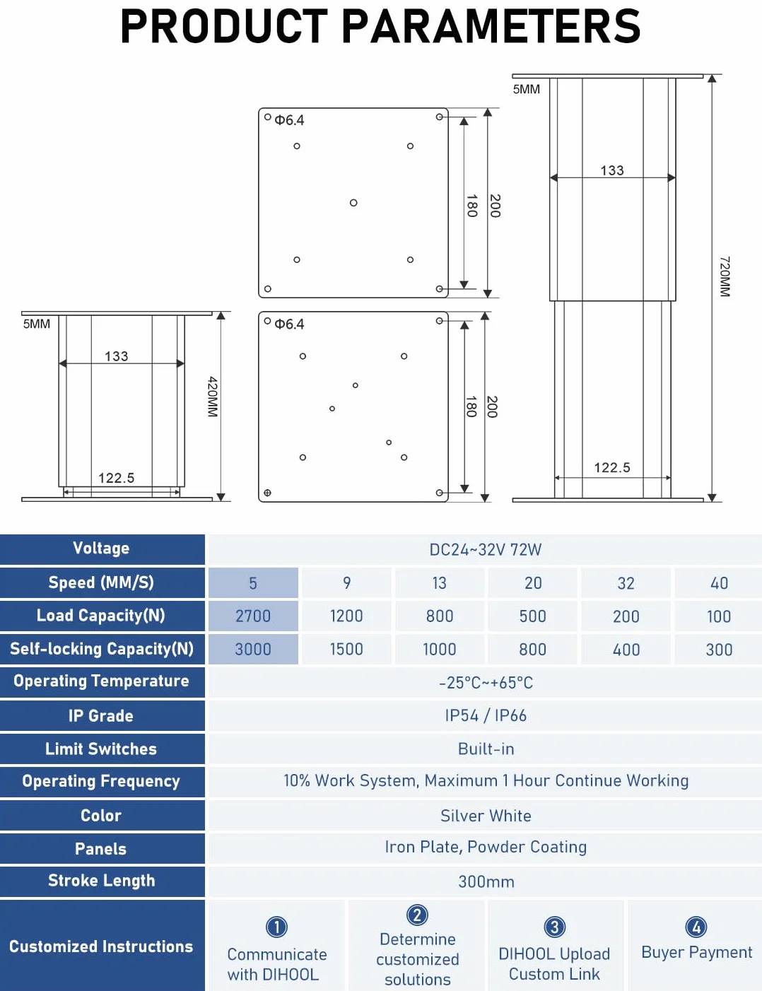 DIHOOL Tavolo Elevatore Elettrico Capacità 270kg Altezza Regolabile 420 720mm Telaio Telescopico Telecomando WLAN Manuale Corsa 300mm Velocità 5mm s per Officina Camper Ufficio