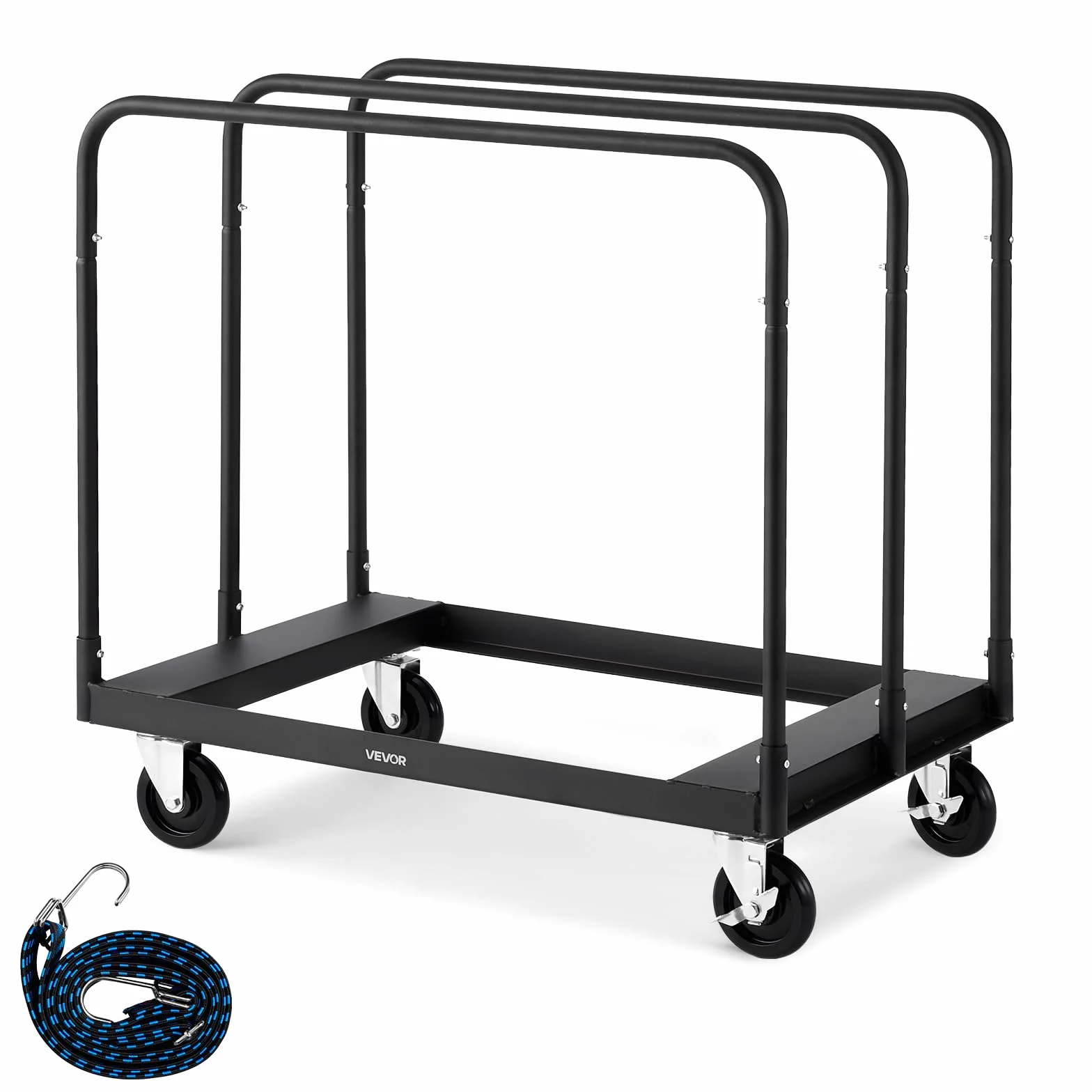 VEVOR Carrello per Cartongesso, Carico 816 kg, Carrello per Pannelli in Acciaio con Ruote da 12,5 mm, per Cartongesso in Legno con Cinghia di Ancoraggio e 3 Corrimano Laterali per Garage, Nero