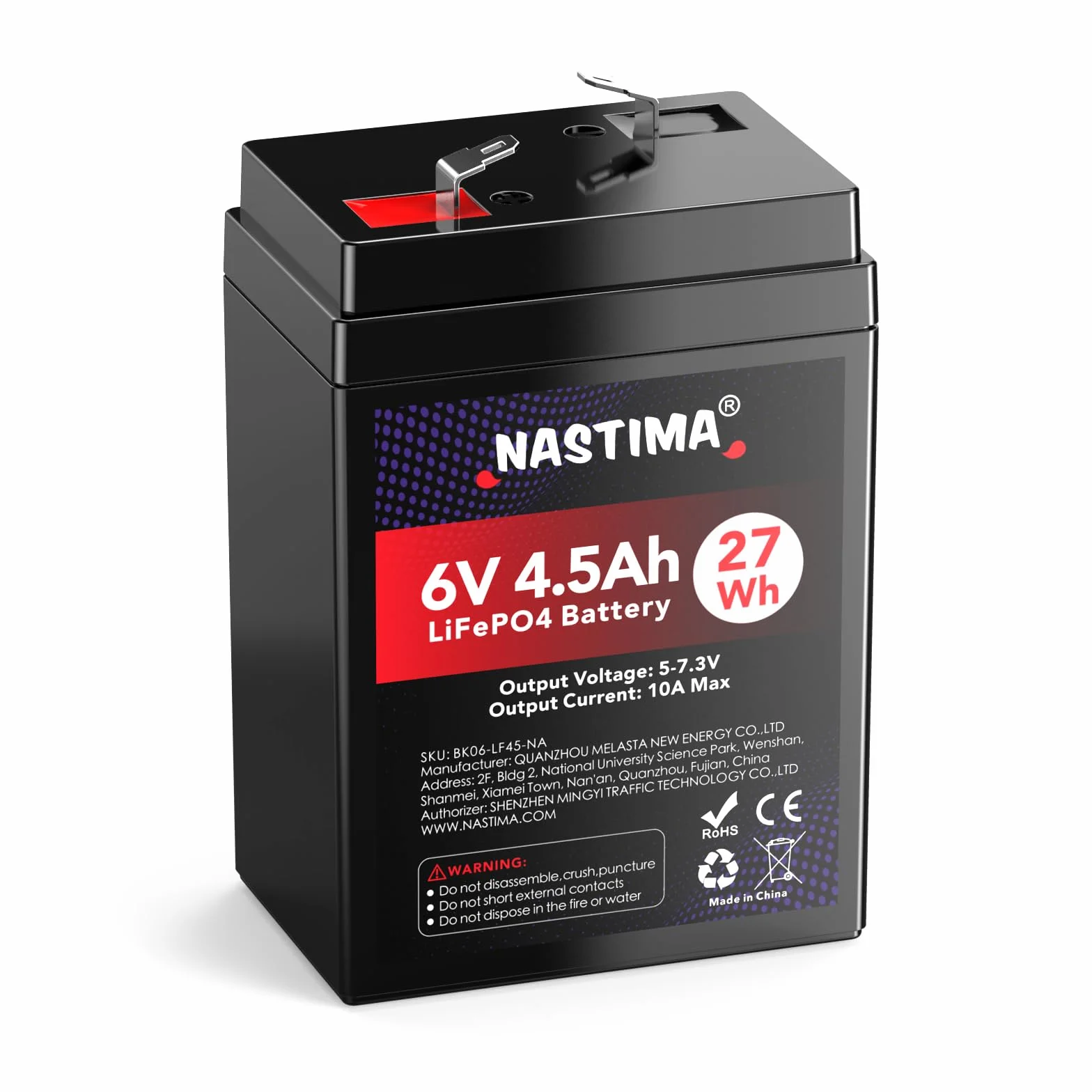 NASTIMA Batteria Ricaricabile 6V 4,5Ah LiFePO4 con Protezione BMS e Ciclo Profondo 2000, Telecamere di Sorveglianza, Macchinine per Bambini, Barche a Motore, Campeggio, Pannelli Solari