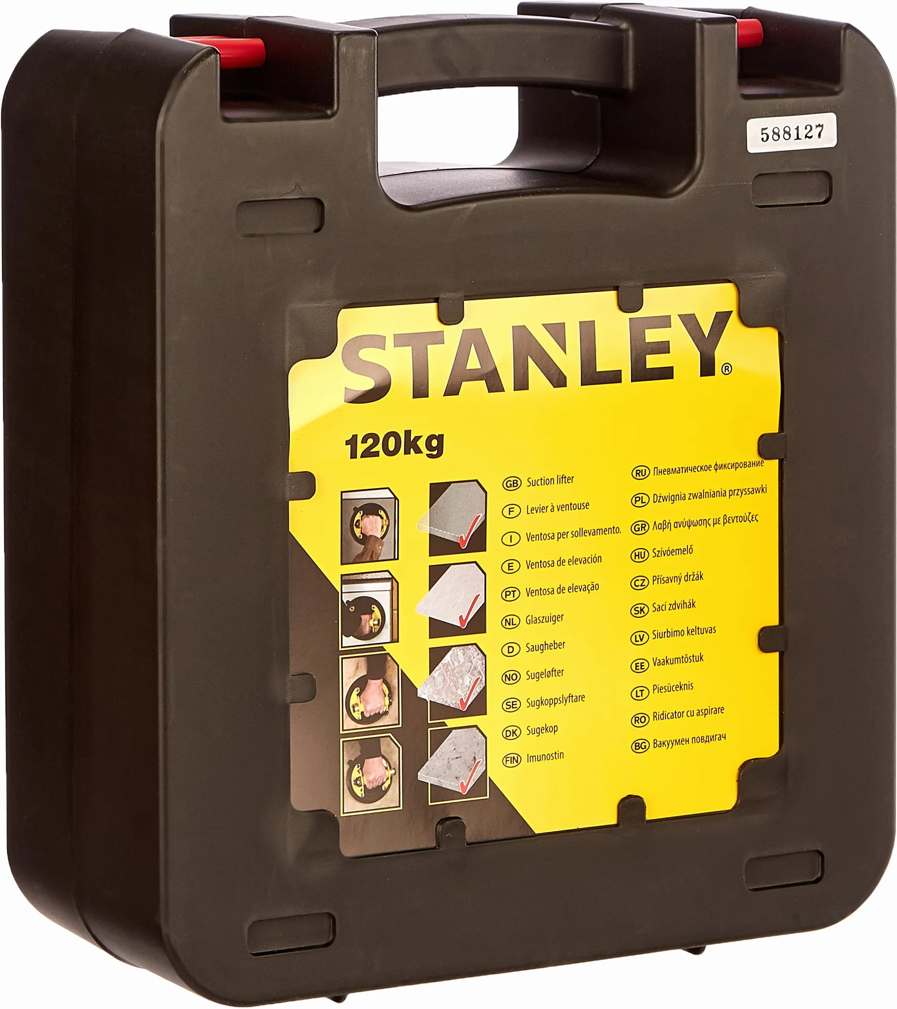 STANLEY 6-97-187 - VENTOSA a pompa in bi-materiale , portata kg 120, corpo ed impugnatura in metallo resistente con rivestimento anti scivolo