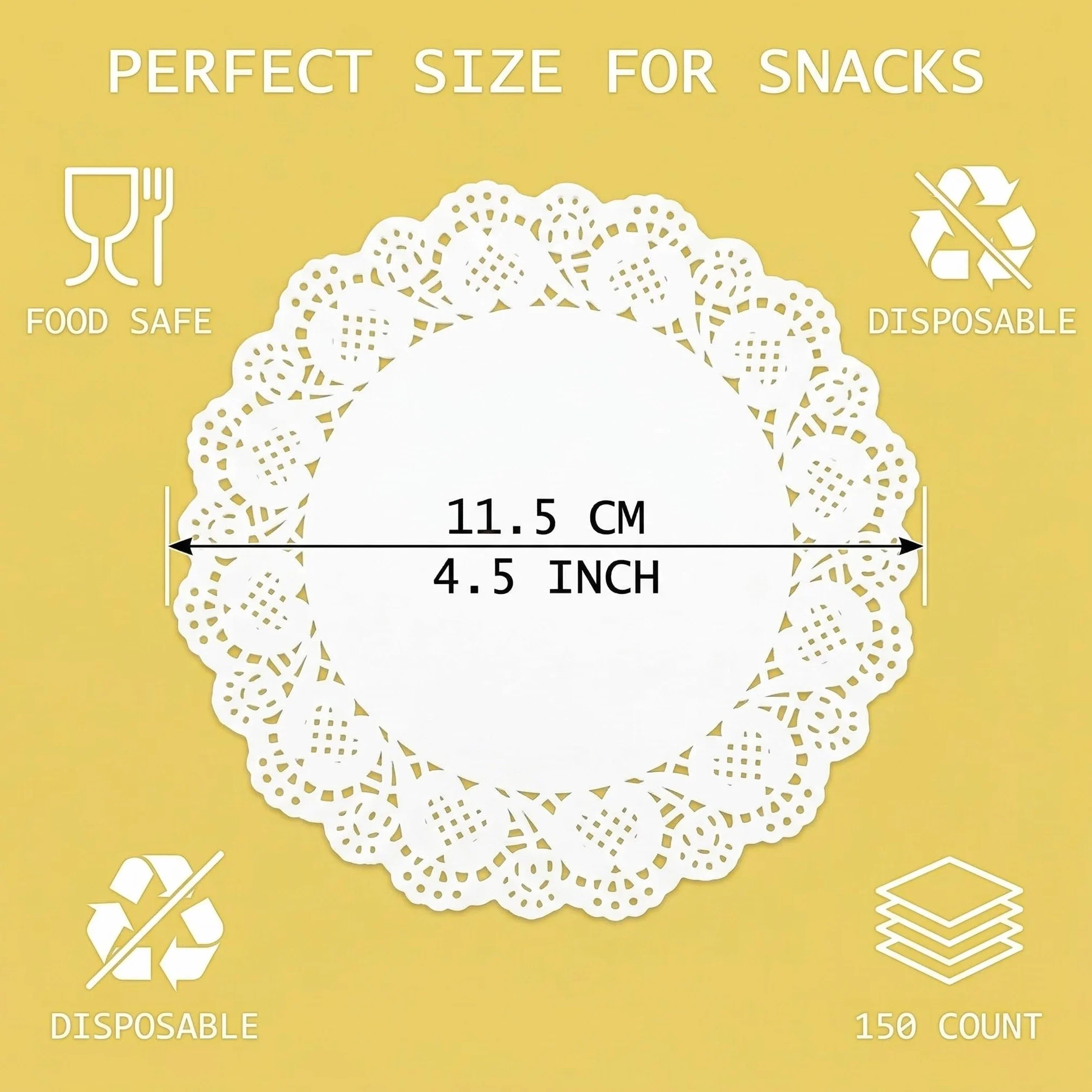 150 fogli di carta oleata, adatta per cibi fritti e snack, per uso alimentare, assorbente, con bordi smerlati, bianca, ideale per dessert e pasti principali, diametro 11,5 cm.