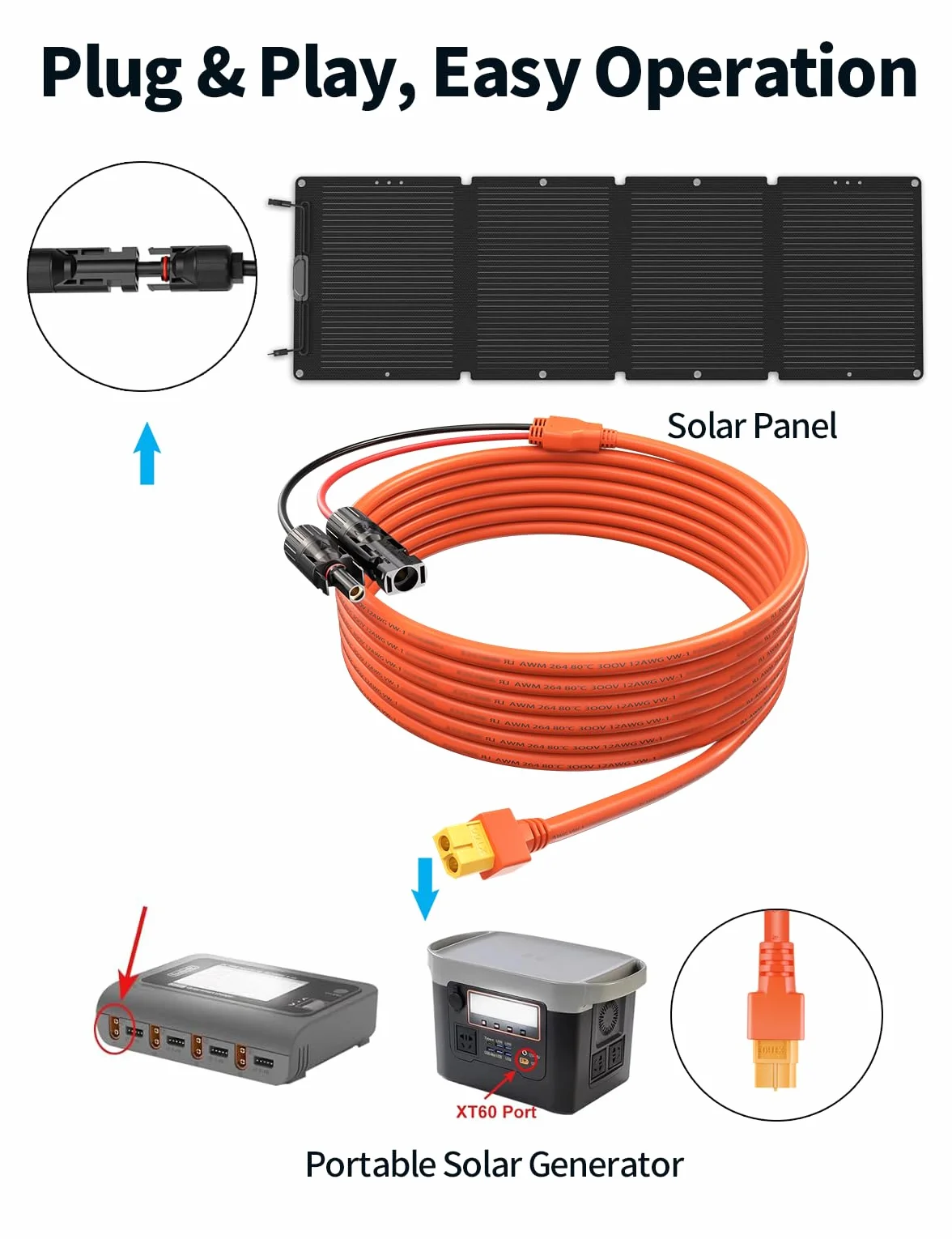 Cavo solare con connettore XT60, cavo per pannello solare da 5 metri, cavo di ricarica solare, cavo solare, 12 AWG, compatibile con EF DELTA 2 e River Pro MAX Powerstation 757, pannello solare