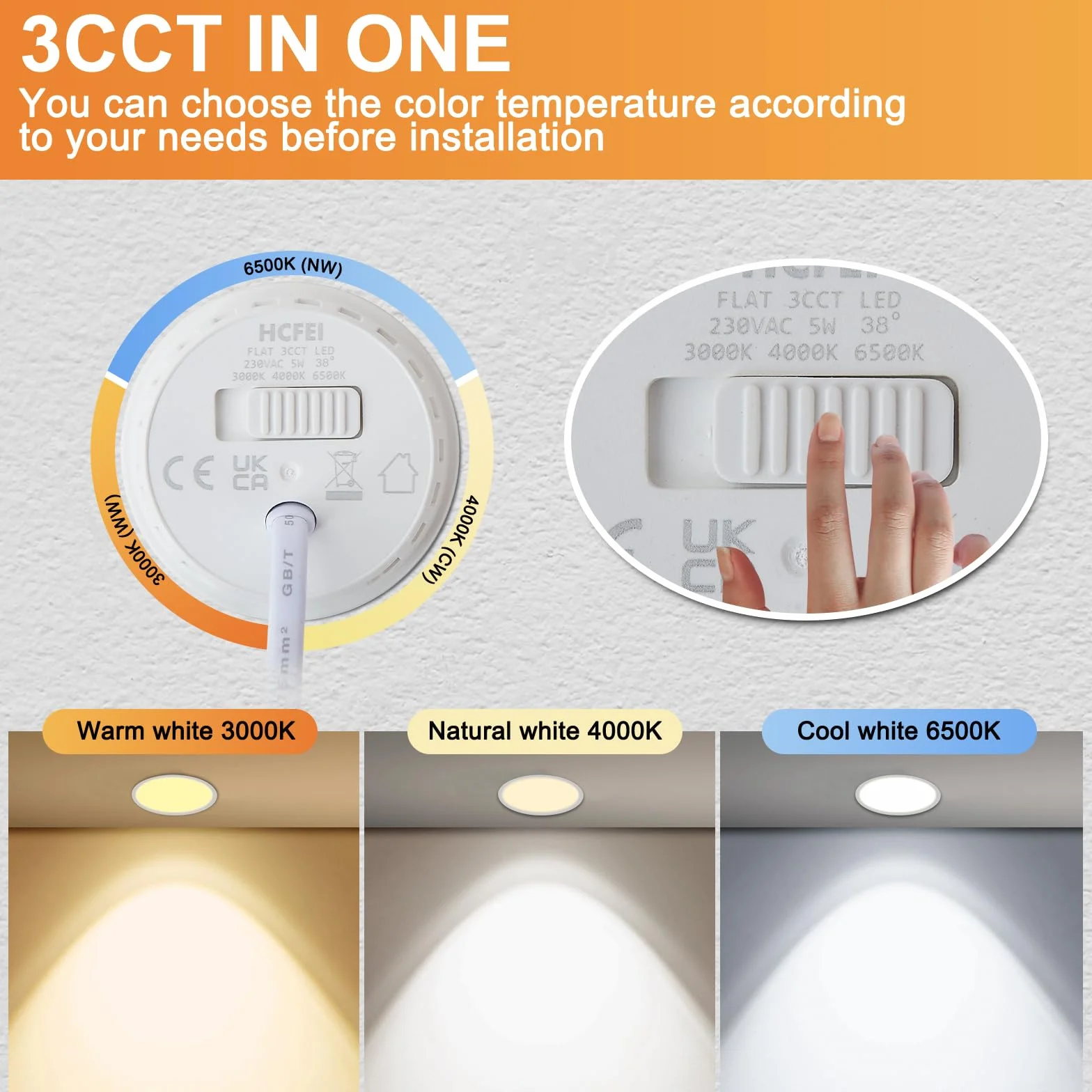HCFEI Modulo LED ultra piatto, diametro 50 x 24 mm, per faretto da incasso, 5 W, 450 lm, 110° 230 V, bianco caldo, bianco naturale, bianco freddo, sostituisce lampadine GU10 MR16, impermeabile IP44