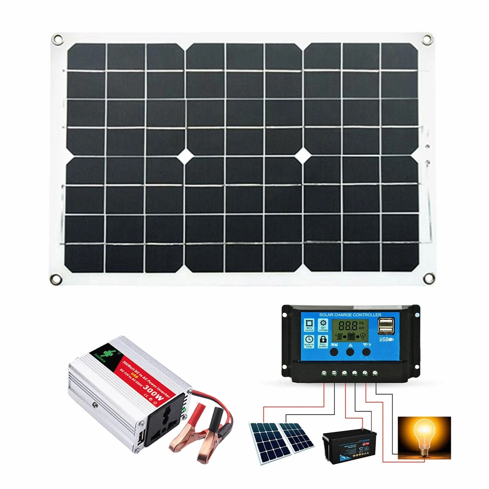 Kit pannello solare – Inverter 300 W, regolatore di carica solare | 6000 W pannello solare kit con inverter e pannelli, kit di avviamento completo per la sicurezza a casa all'aperto