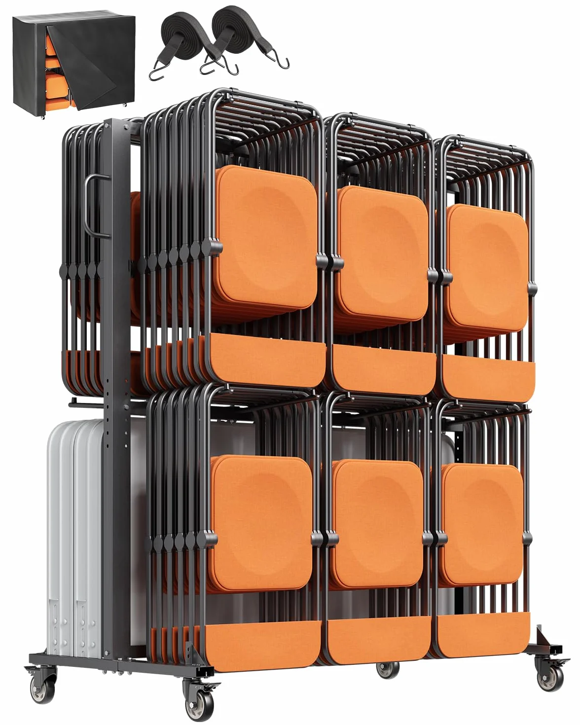 VEVOR Supporto per sedia pieghevole, capacità di carico 361 kg, per 84 sedie/12 tavoli, carrello portaoggetti a doppio strato con ruote e supporti in gomma, grande supporto per sedia, nero opaco