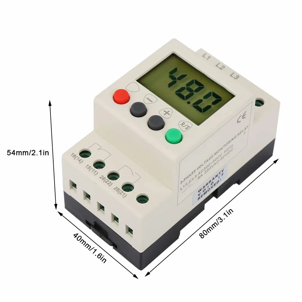 Relè di Monitoraggio Trifase 380V AC 50Hz, Relè di Protezione Sequenza e Tensione, Display Digitale per Sovratensione, Sottotensione e Tensione Squilibrata, per Installazioni Elettriche Trifase