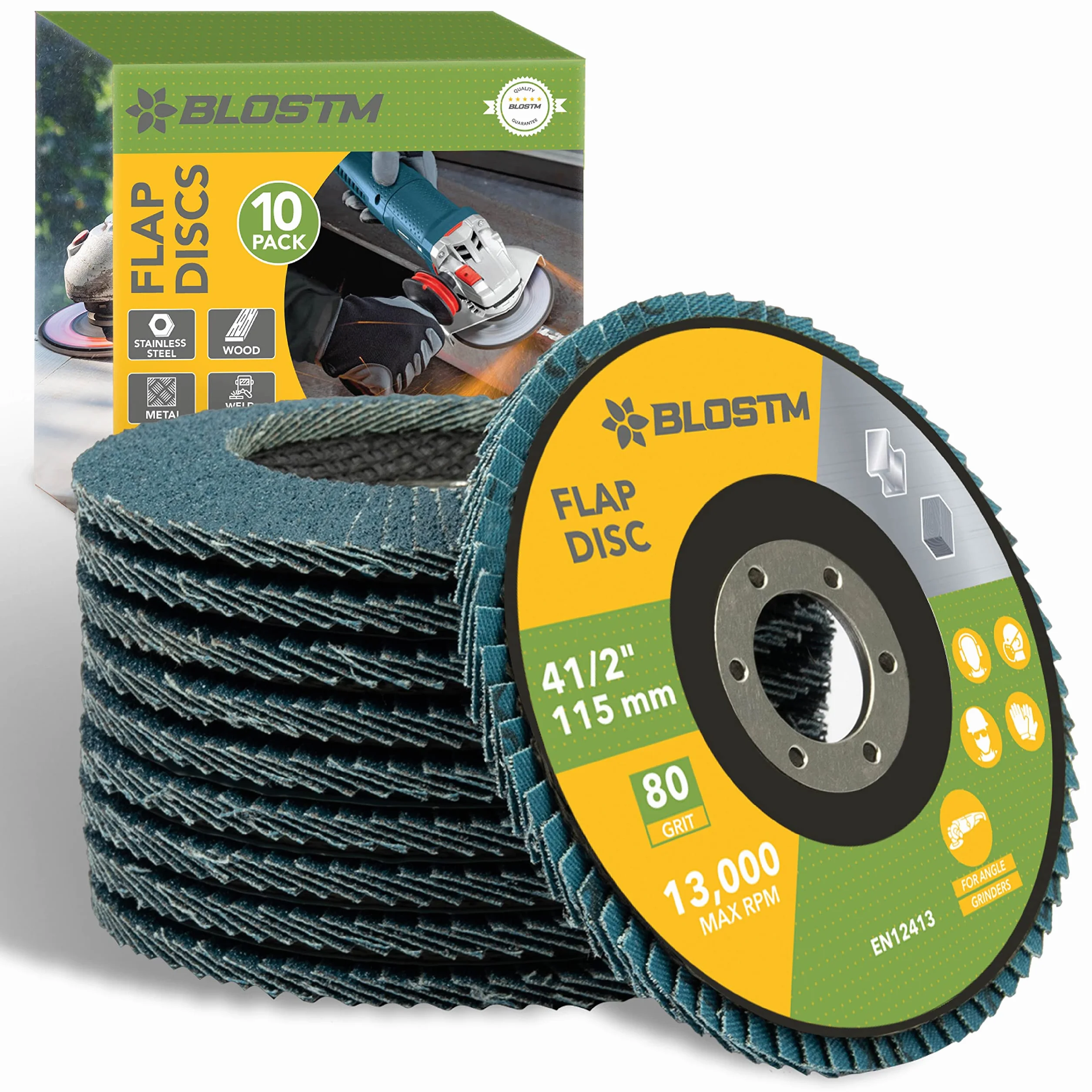 BLOSTM Dischi Lamellari 115 mm - 10 Dischi per Smerigliatrice, Zircone Disco Lamellare Grana 80 per Levigare, Rimuovere la Ruggine e Rimuovere la Vernice - 10 Pezzi