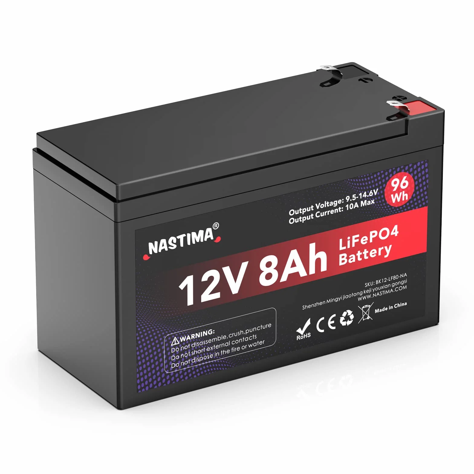 NASTIMA Batteria Ricaricabile 12V 8Ah LiFePO4 con Protezione BMS e Ciclo Profondo 4000, Adatta per Kit di Pannelli Solari, Passeggini, Camper, Barche, Campeggio, Ecoscandagli