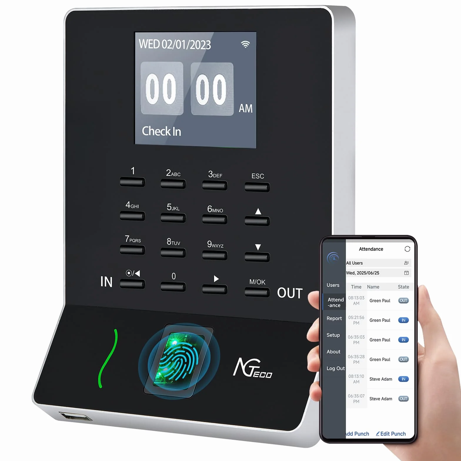 NGTeco Rilevatore Presenze Impronte Digitali per Piccole Imprese, Calcolo Automatico Delle Ore di Lavoro, con Sistema di Rilevamento del Tempo APP Gratuito(English)