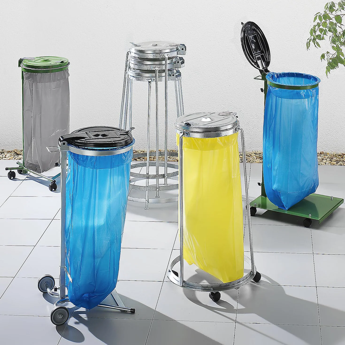 kaiserkraft | Supporto per sacchi rifiuti | telaio fisso | per capacità 120 l | con pedale | verde | coperchio in plastica