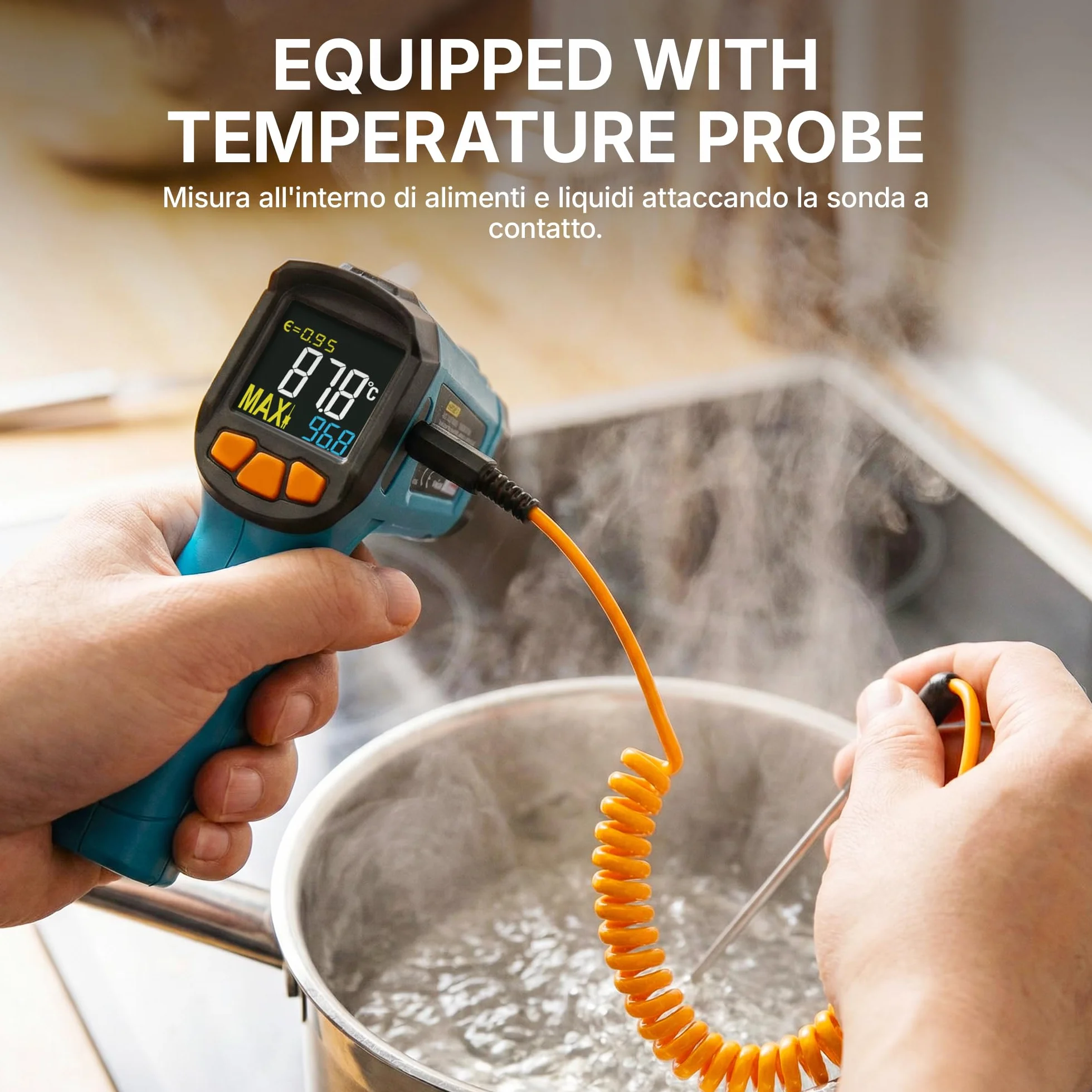 Tilswall Termometro Infrarossi Professionale -50°C~800°C con Sonda per Carne Display LCD a Colori