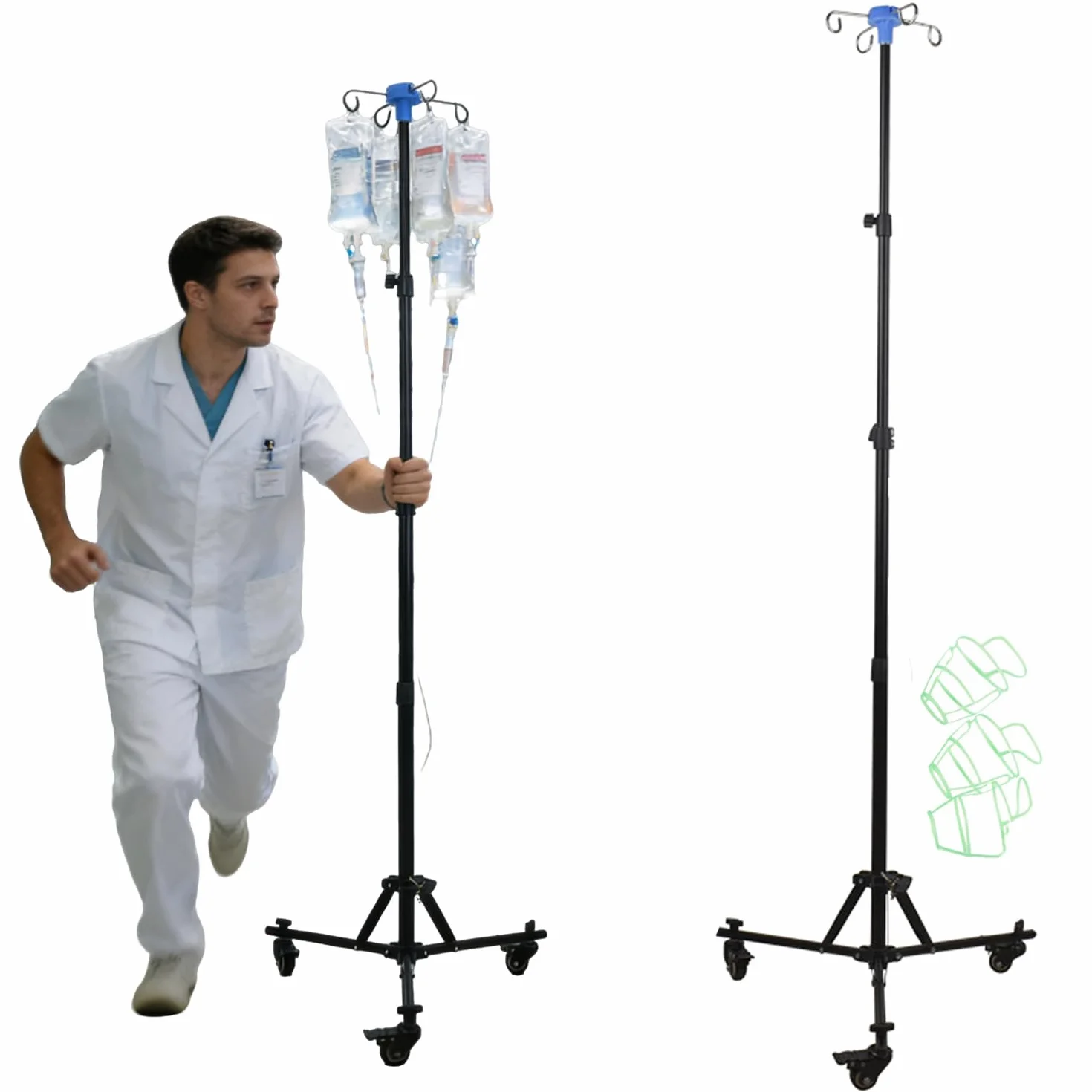 Supporto per Infusione con Ruote,Treppiede Pieghevole,con 4 Ganci e 3 Sacchetti a rete,per Ospedali e Assistenza Domiciliare