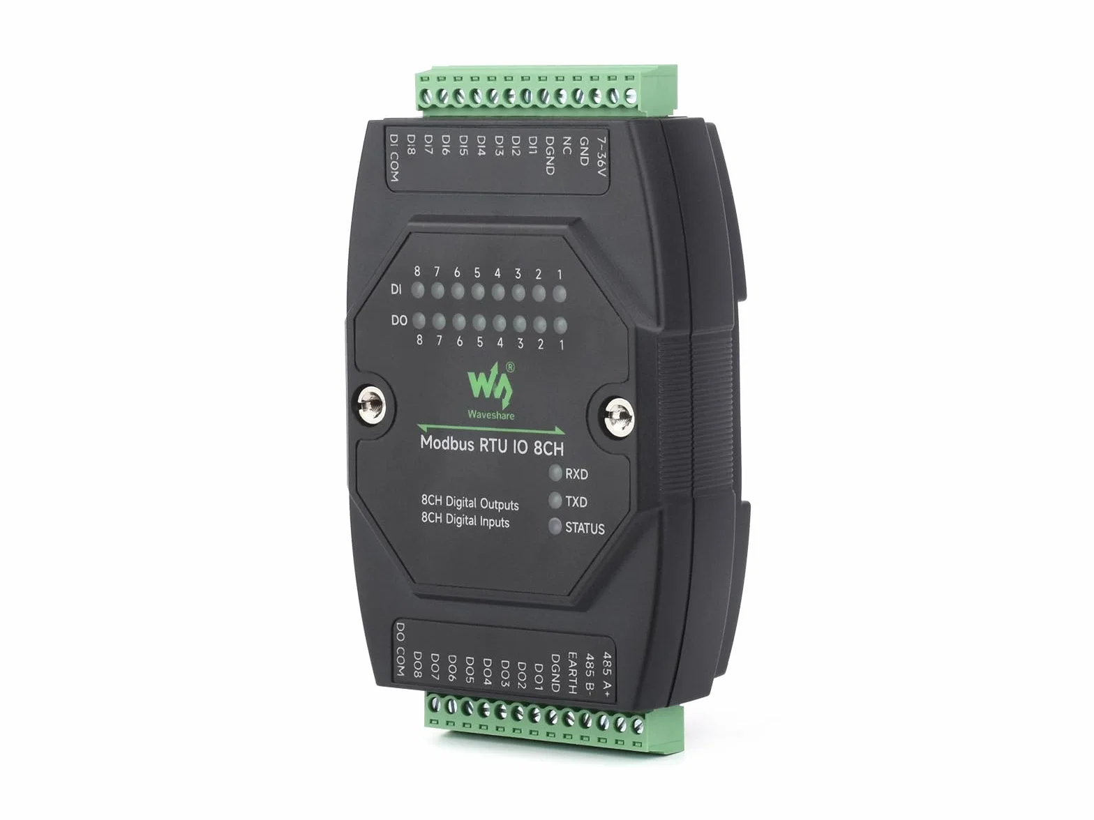 Waveshare Industrial 8-Ch Digital Input & Output Module, DC 7~36V Wide Voltage Power Supply, Modbus RTU Protocol, Multiple Isolation Protection Circuits, Rail-Mount Support