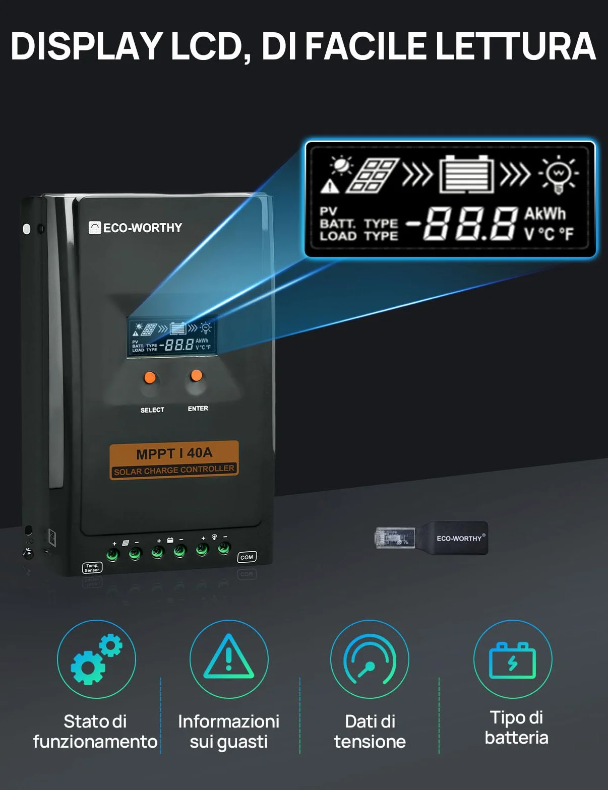 ECO-WORTHY Regolatore di carica 40A MPPT,Regolatore Solare 12V/24V con Display LCD, Monitoraggio Tramite App Bluetooth e RS485, Efficienza di Carica del 99% per Batterie al litio GEL SLA FLD