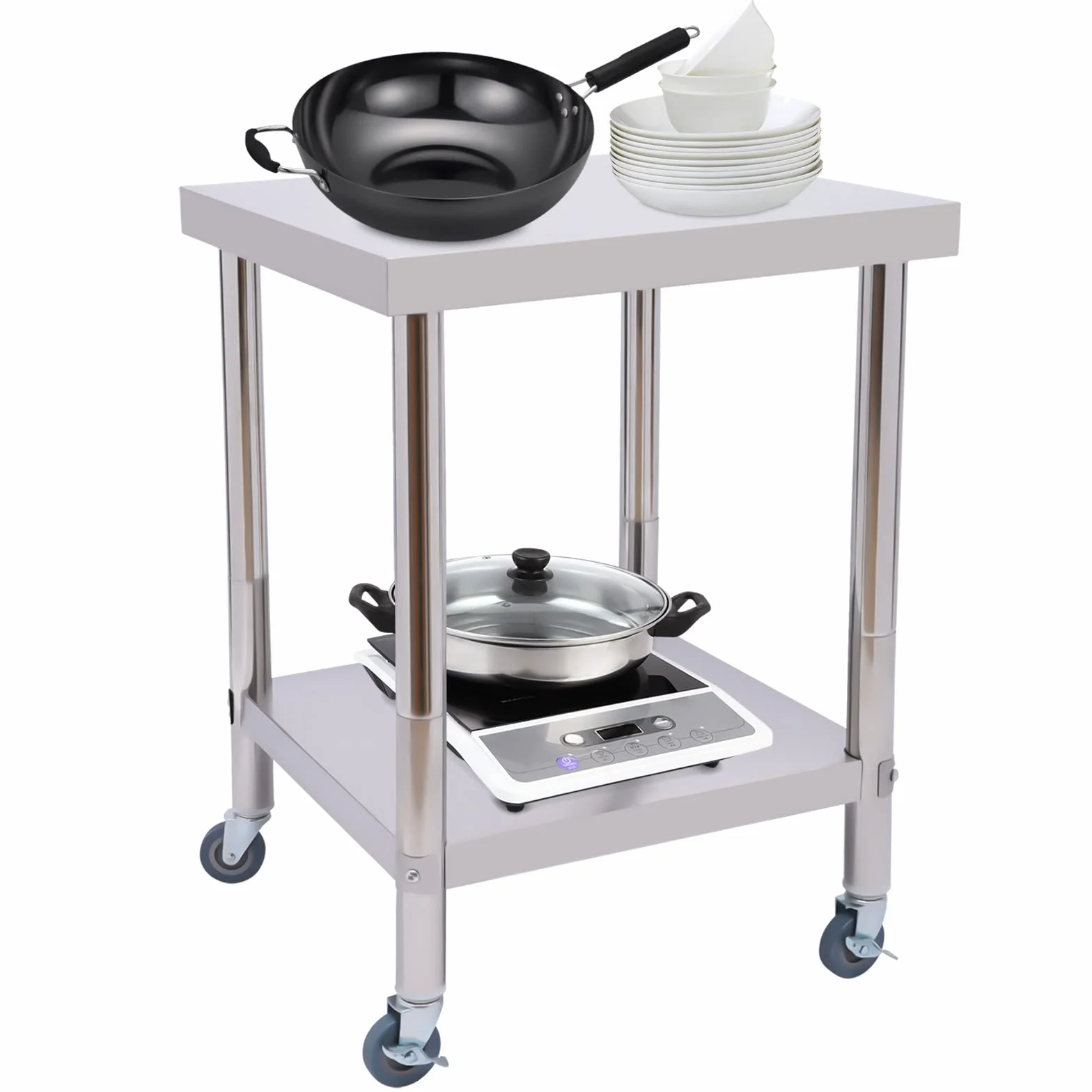 Tavolo da lavoro in acciaio inox, carrello servizio 60x60 cm, 2 livelli, 300 kg, adatto per cucine, hotel, panetterie, ristoranti