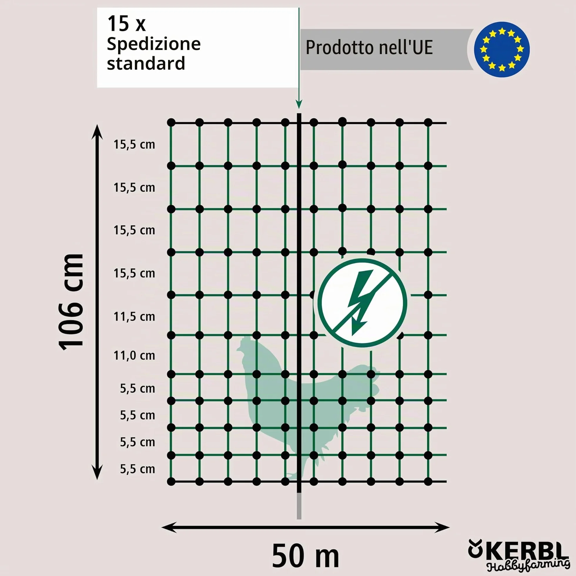 Kerbl Hobbyfarming PoultryNet, 106cm, 50m, Rete per pollame, Rete per recinti, Senza Corrente, Punta Doppia, Verde, 15 Pali, polli, oche, Tacchini, 3 Anni di Garanzia, stabilità ai Raggi UV