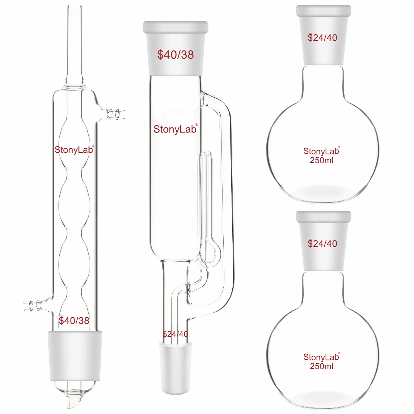 stonylab Soxhlet Extractor Borosilicate Glass 40/38 250 ml Allihn Condenser Flat Bottom Flask 24/40