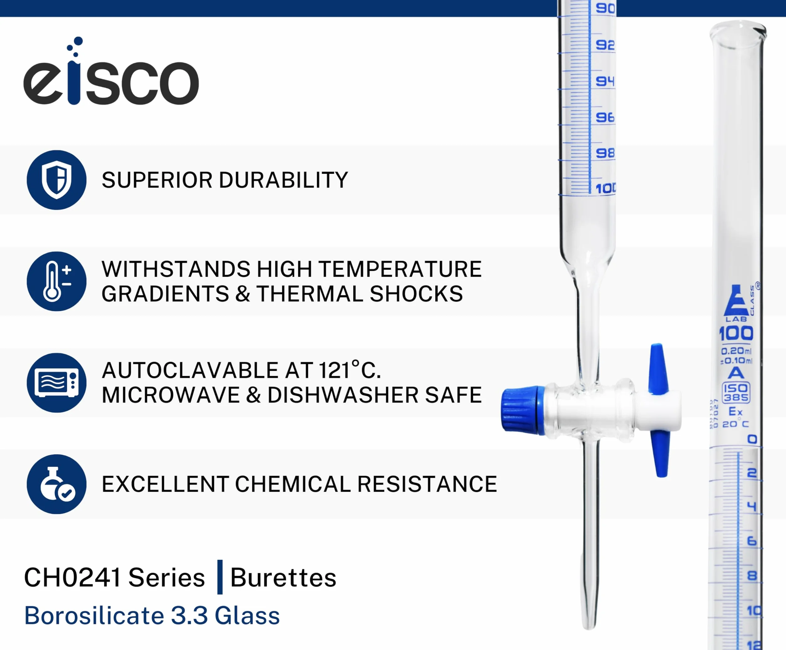 Buretta in vetro Schellbach 100ml - Classe A - Rubinetto in PTFE - Eisco Labs