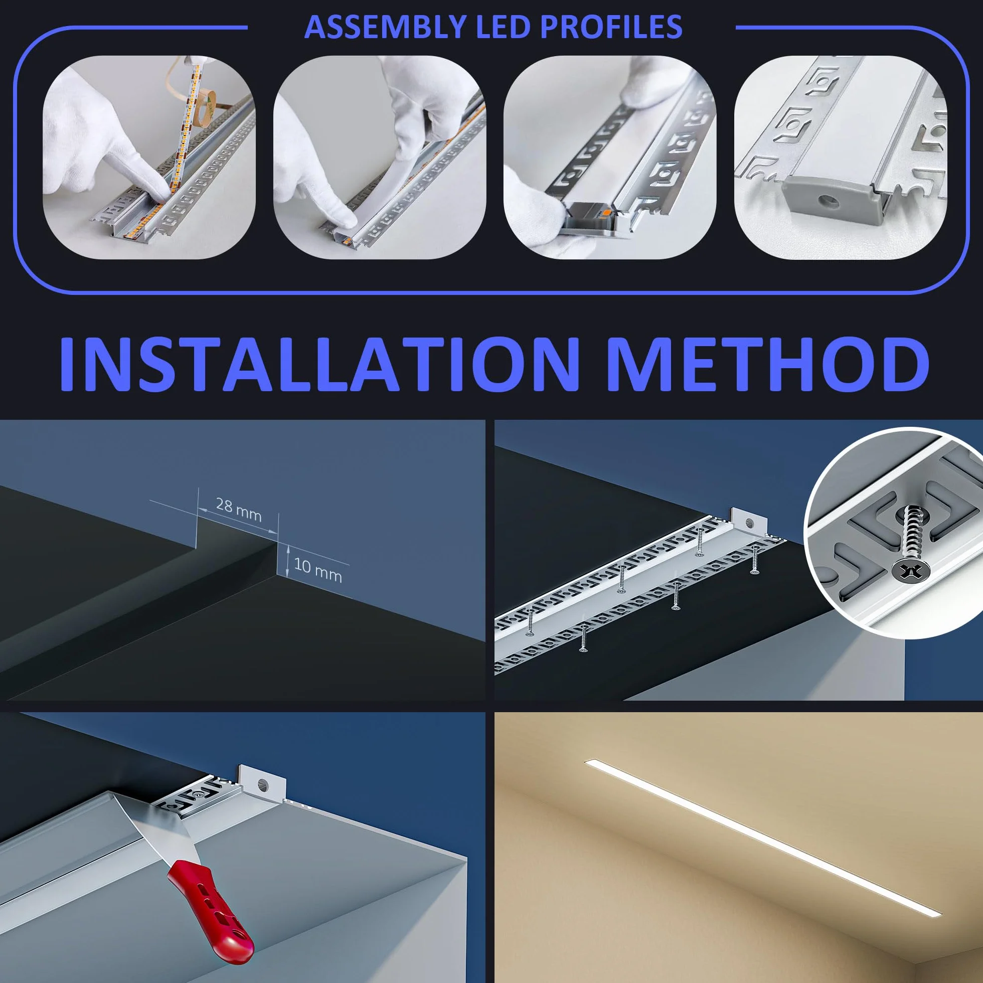 26 Profilo Alluminio per Strisce LED 2m Diffusore di luce forma di U Profilo Copertura Tappo Terminale per Cartongesso Soffitto Parete illuminazione lineare Larghezza interna del Profilo 20mm