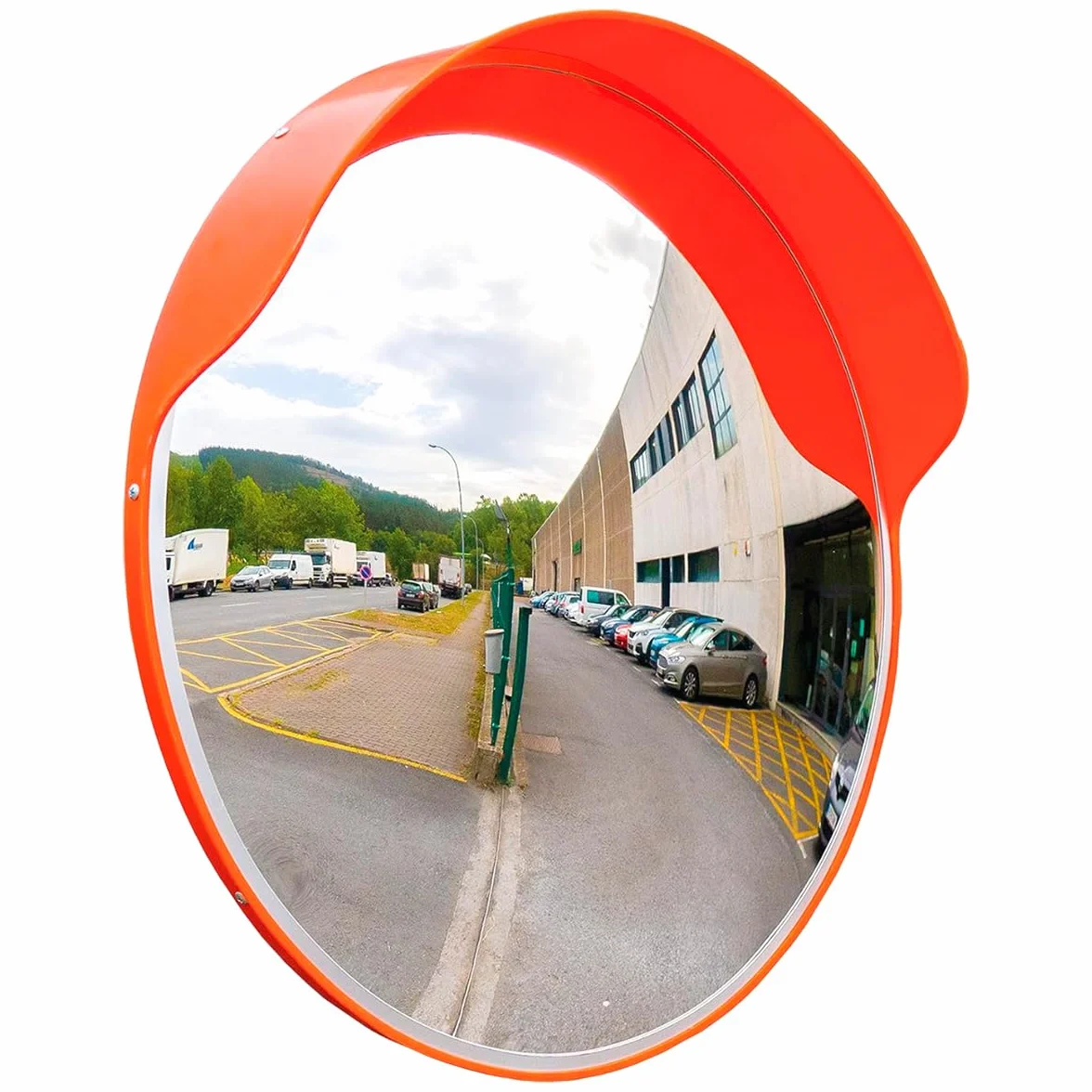 Amig - Specchio convesso di sicurezza e sorveglianza con visiera Ø60 cm diametro | Specchio stradale | Visione negli angoli ciechi, nelle colonne e negli angoli di negozi e garage | Arancia