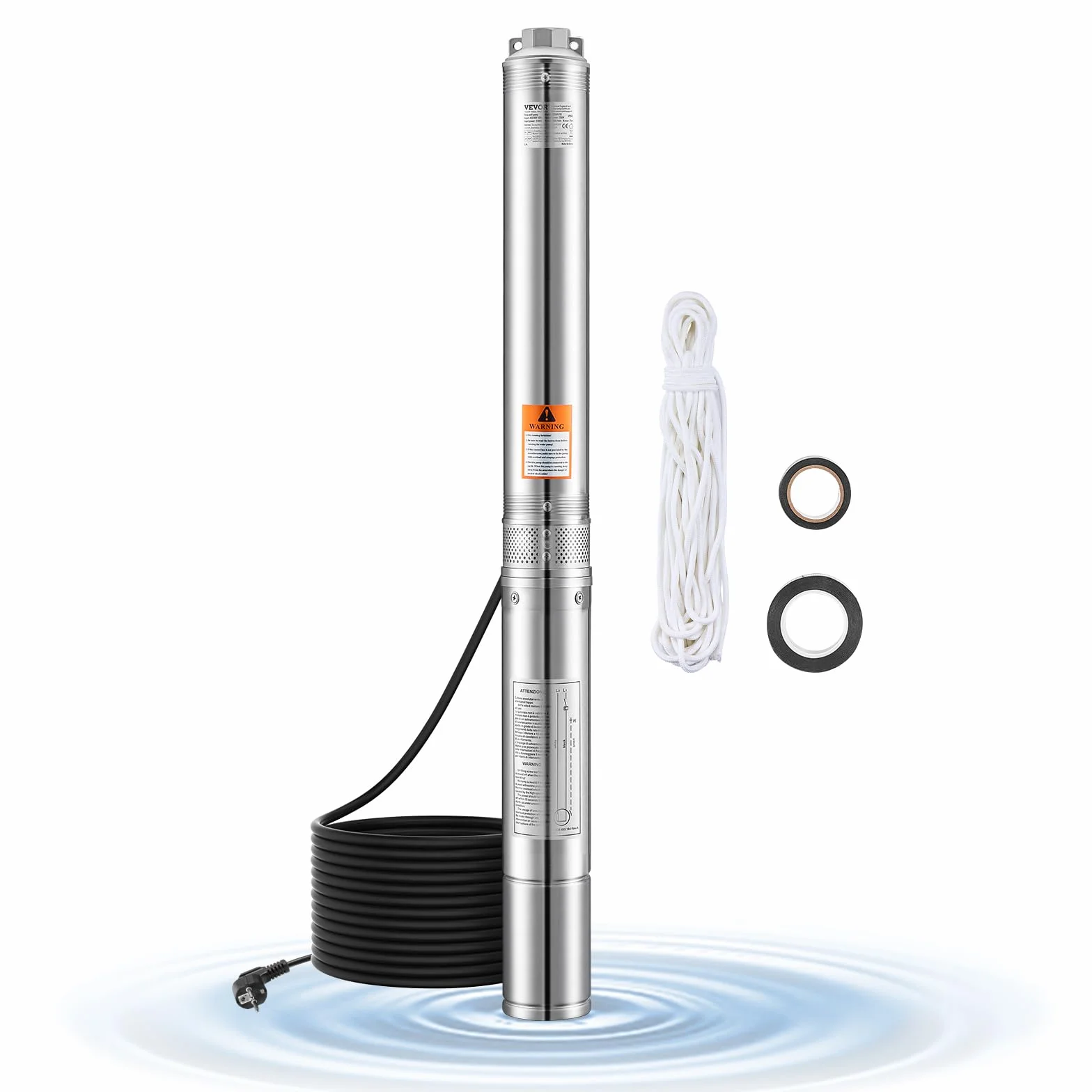 VEVOR Pompa Sommergibile per Pozzi Profondi IP68, Potenza in Uscita 750 W, 230 V, Portata 100 L/min, Prevalenza 75 m, con Cavo da 20 m, Pompa Acqua in Acciaio Inox per Irrigazione Industriale