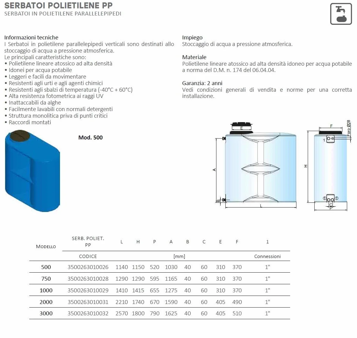 SERBATOIO CISTERNA CORDIVARI PARALLELEPIPEDO 500 LITRI POLIETILENE PER RACCOLTA ACQUA