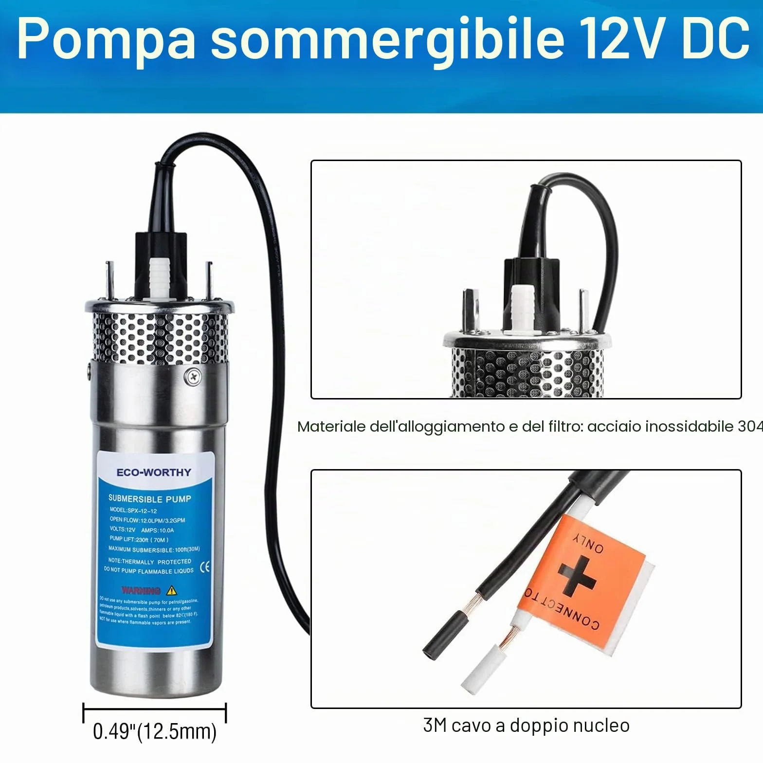 DCHOUSE Pompa Sommergibile per Pozzi 12V DC in Acciaio Inossidabile, Alimentata a Energia Solare, Altezza di Sollevamento 70 m, Profondità Massima di Immersione 30 m