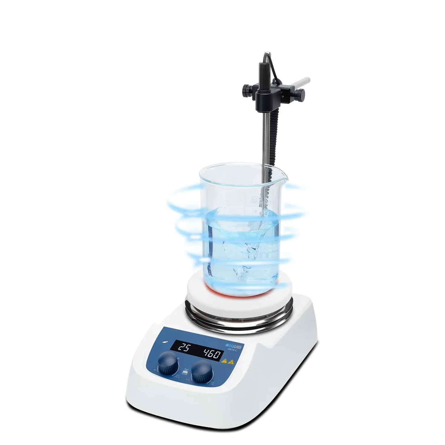 ONiLAB 280 ℃ - Miscelatore magnetico digitale a LED con piano di lavoro in acciaio inox rivestito in ceramica, 200-1500 giri/min, sensore sonda di temperatura, supporto e asta di miscelazione