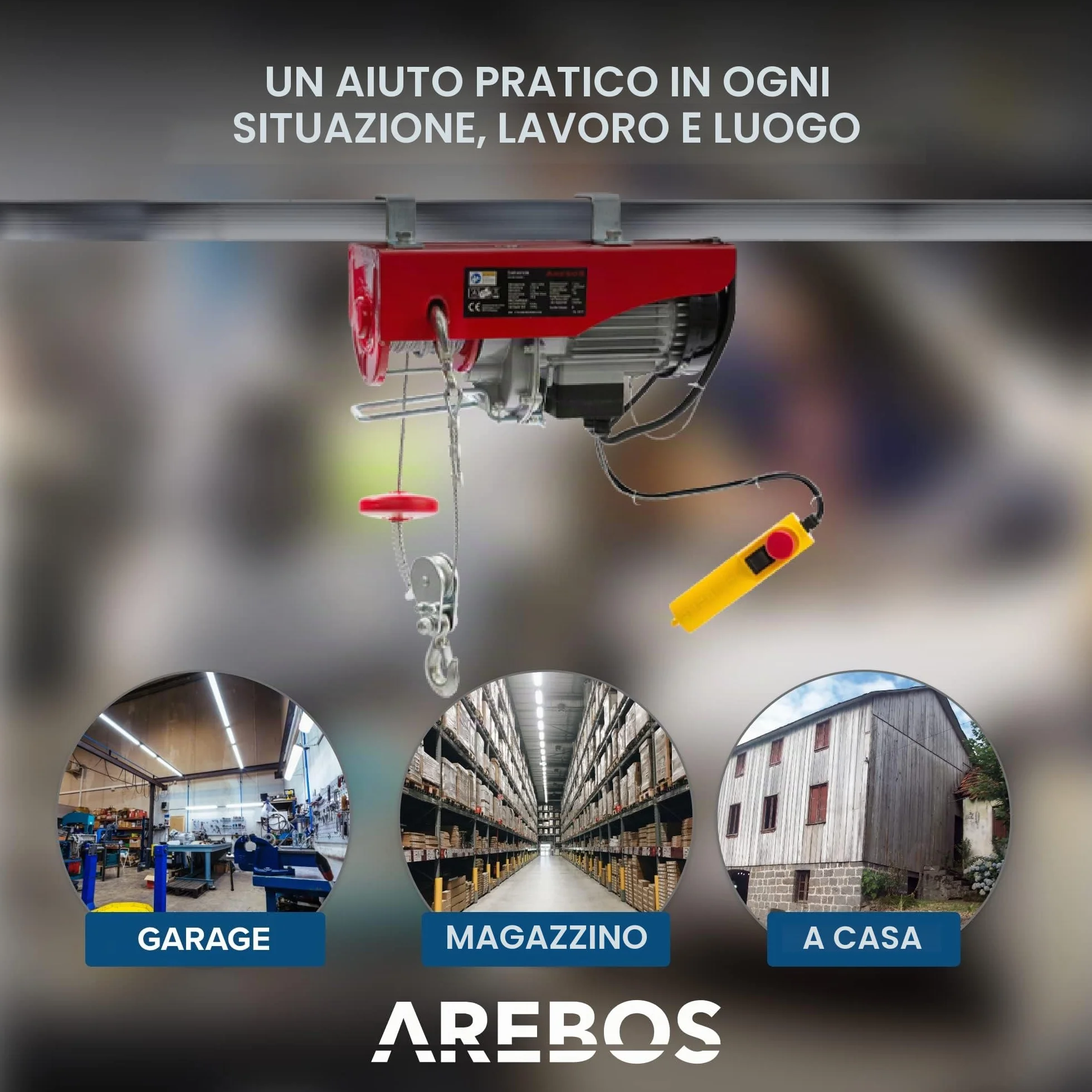 Arebos Paranco Elettrico | 400/800 kg | 1300W | Verricello Elettrico | Montacarichi da Balcone con Telecomando | altezza di sollevamento 12m | Verricellomontacarichi di Sollevamento