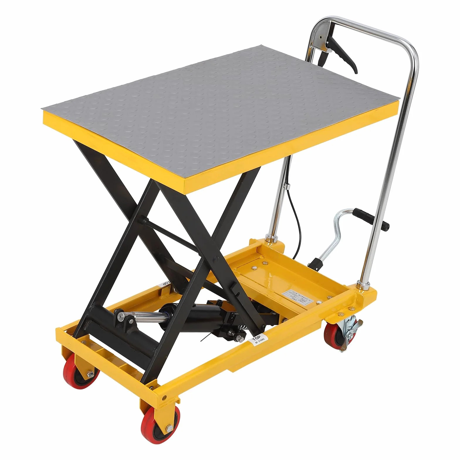 Carrello elevatore idraulico manuale a forbice – Portata 150kg, altezza sollevamento 72cm – Piattaforma antiscivolo – 4 ruote per trasporto materiali in officina – Giallo