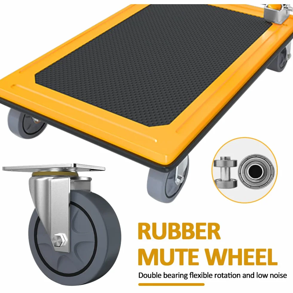 Carrello a Piattaforma Carrello Trasportatore Pieghevole Portata 300 kg 77x50cm Rivestimento Antiscivolo con 360° Ruote Silenziose (Giallo)