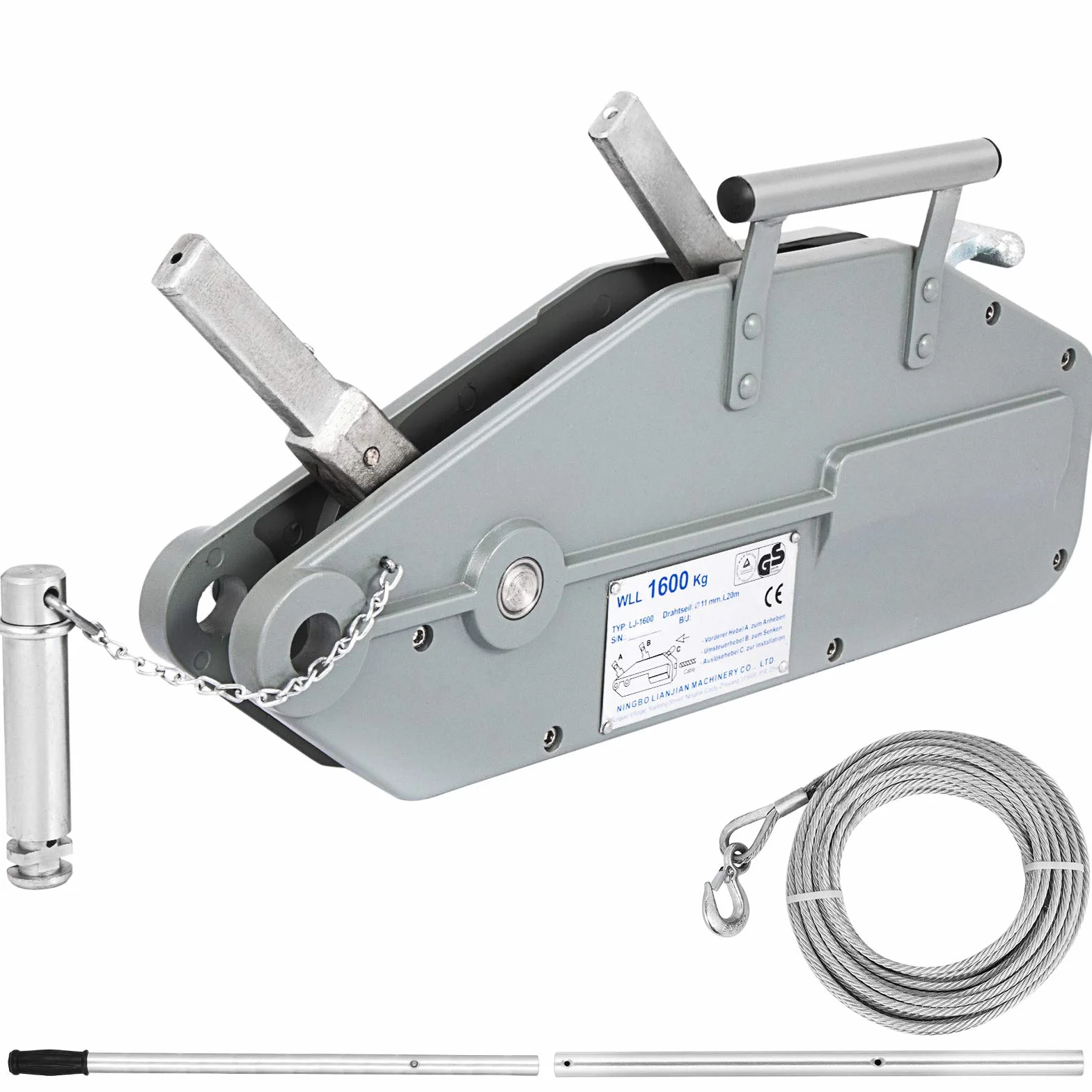 VEVOR Verricello manuale 1,6 T, argano a mano corda 25 m, cavo per rimorchio auto barche, leva estensibile forte e stabile, per cantieri, porte, fabbriche, trasporto di magazzino, energia elettrica