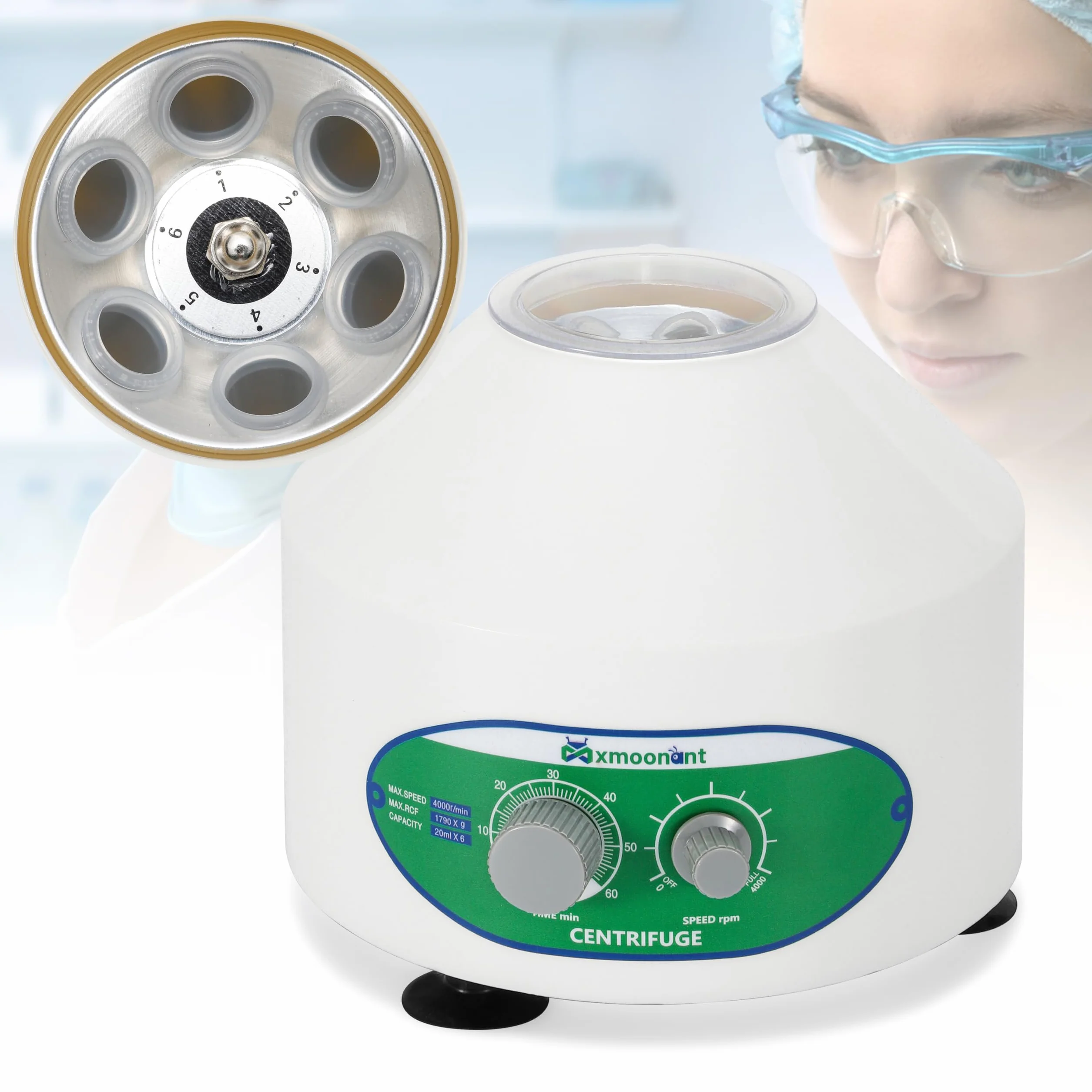 Mxmoonant Centrifuga da Laboratorio, 4000rpm, 6x20ml, 1790xg, 60min Timer, Adatta per Provette da 20ml/15ml/10ml/5ml, per PRP, Separazione di Campioni, Analisi Qualitativa (Spina UE)