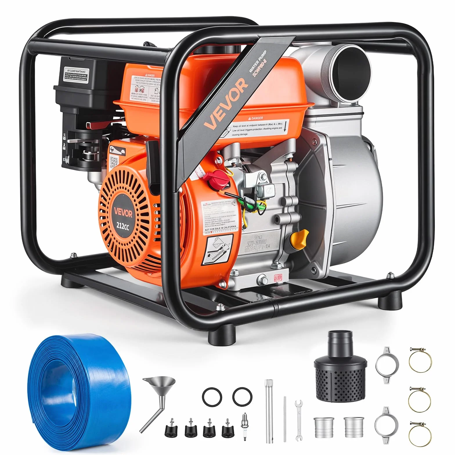 VEVOR Pompa Acqua a Benzina, Motopompa per Irrigazione Prato Laghetti Piscina Giardino 59960 L/H, Trasferimento Acqua 7 CV, Pompa Acqua con Motore a Benzina Tubo 7,6m Dimensioni Porta 76,2 mm