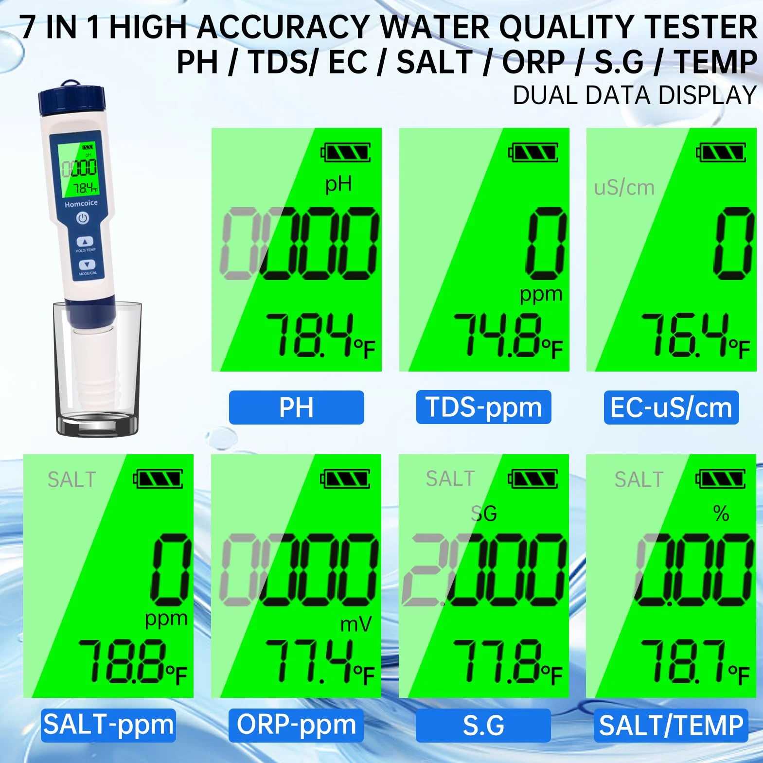 Misuratore pH digitale 7 in 1, professionale PH TDS EC SALT ORP S.G Temperatura Meter, Tester Qualità Acqua d'alta precisione per acquari, piscine, acqua potabile e idroponica