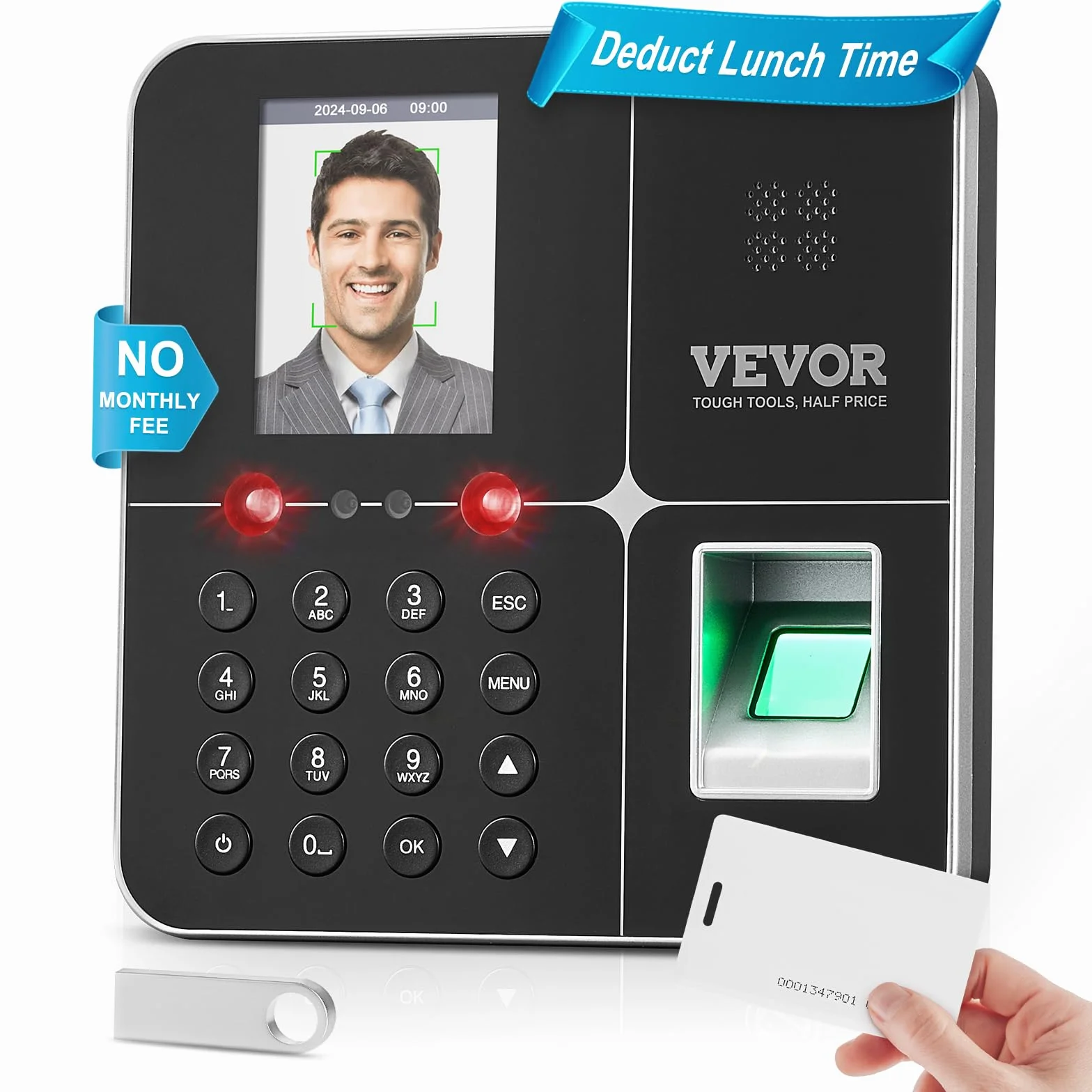 VEVOR Macchina Biometrica per Rilevazione delle Presenze dei Dipendenti con riconoscimento facciale, Impronta Digitale, Carte RFID e Immissione PIN, Orologio Biometrico Indipendente, Supporta 5 Lingue