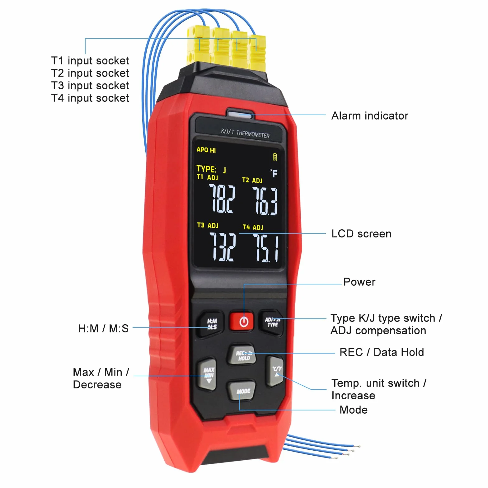Termometro a Termocoppia Digitale Data Logger 4 Canali tipo K/J/T -200~1372°C Misuratore di Temperatura con Allarme