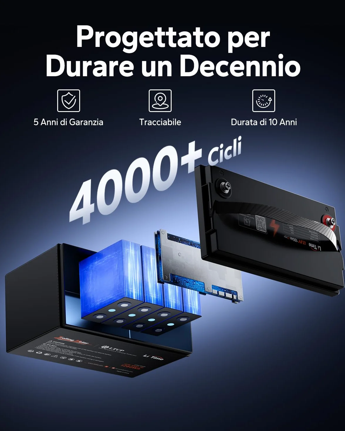 LiTime Batteria al Litio 12V 100Ah per Barche, Batteria LiFePO4 con Protezione Bassa Temperatura, 4000-15000 Cicli Profondi, Energia 1280Wh, Perfetta per Motori da Traina, Nautico, Yacht