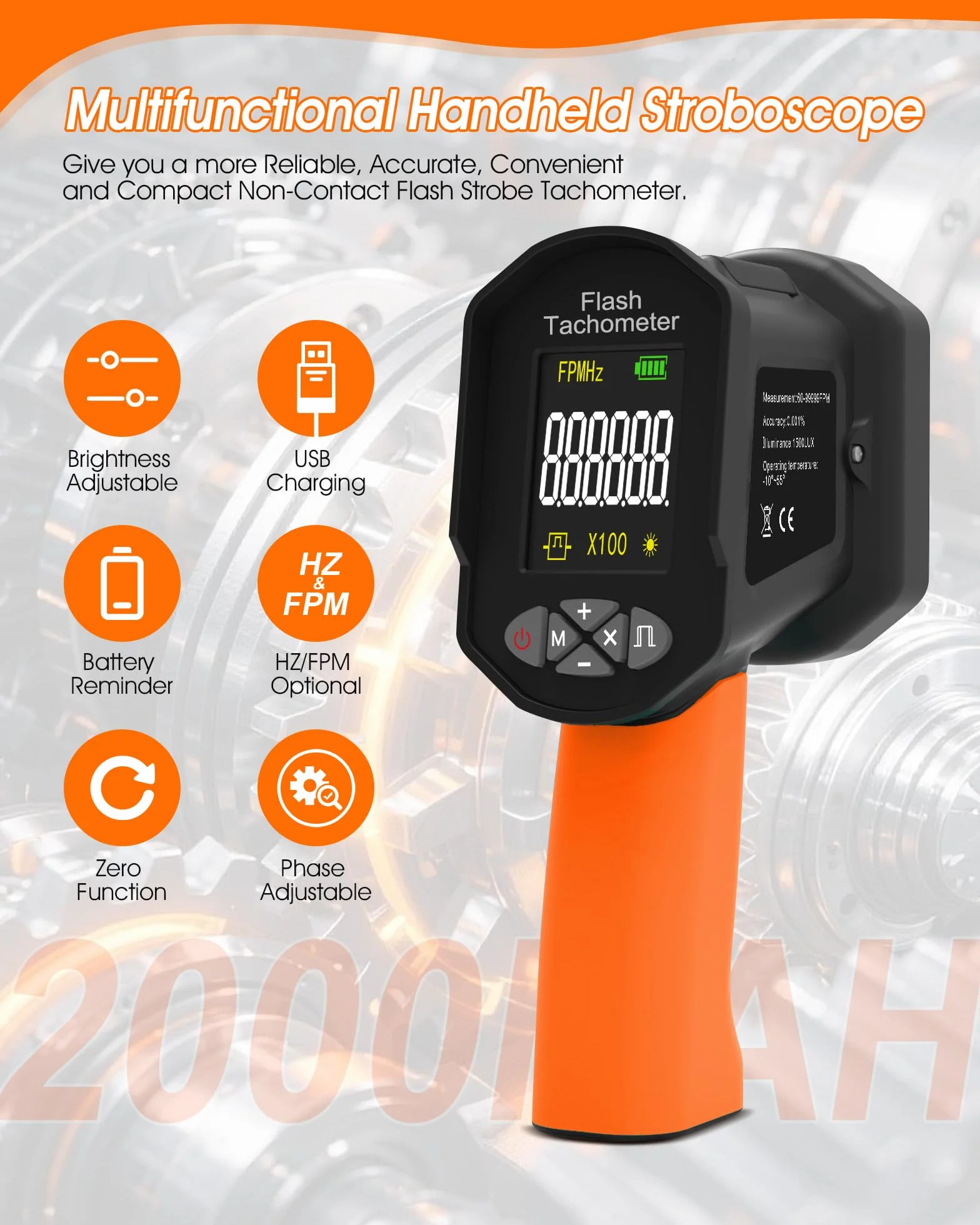 Stroboscopio LED 60–100.000 giri/min, WapoRich tachimetro digitale senza contatto con 16 LED, ricaricabile USB, display LCD per motori e ventole