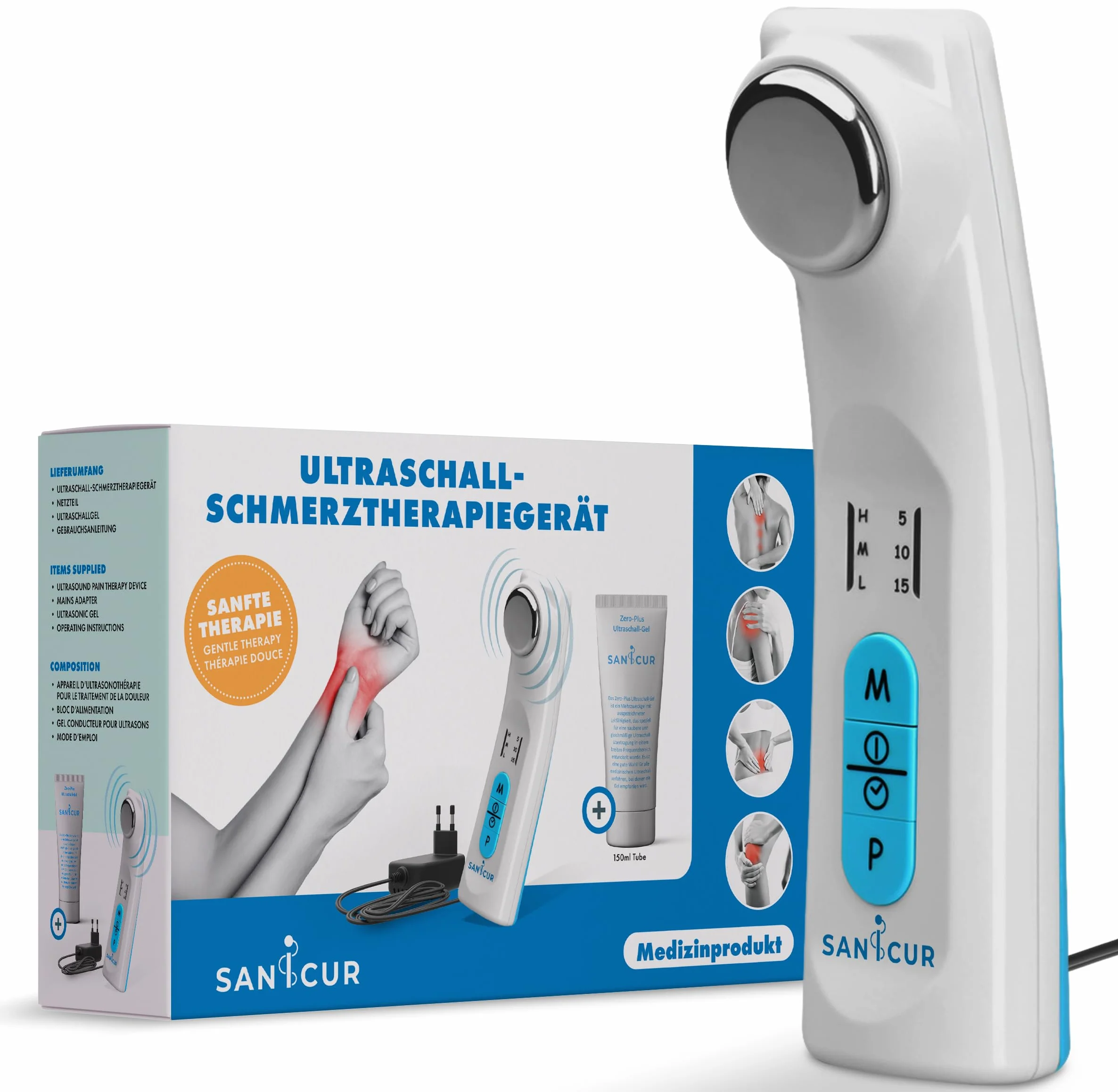 Dispositivo per la terapia del dolore ad ultrasuoni, dispositivo medico certificato, efficace per dolori muscolari, artrosi, stiramenti e tensioni, gel ultrasonico da 150 ml, 3 livelli di