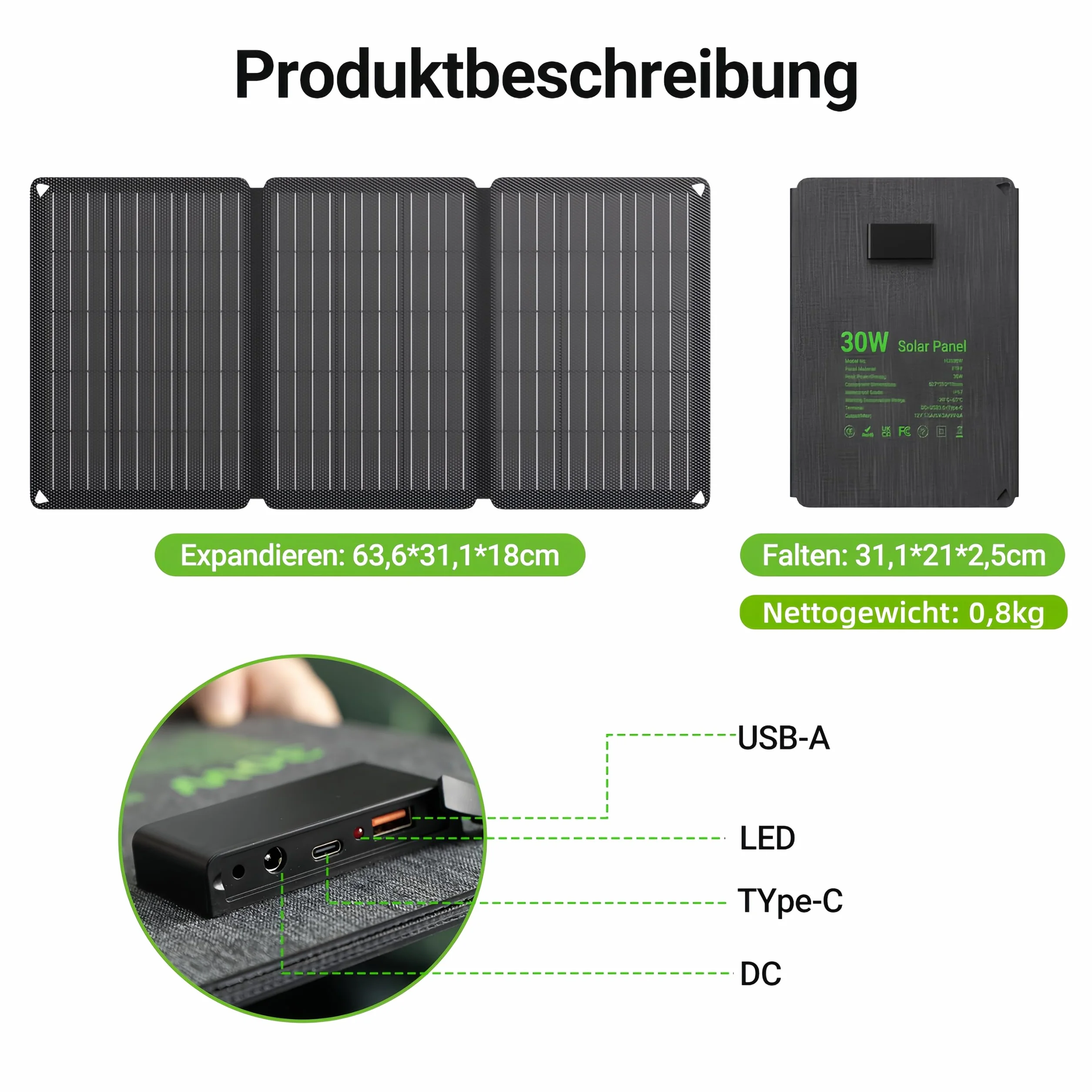 Pannello solare pieghevole da 30 W, con 3 porte (USB-C + USB-A+DC), IP67, impermeabile e portatile, pannello solare per cellulare, pannello solare all'aperto, caricatore da campeggio per
