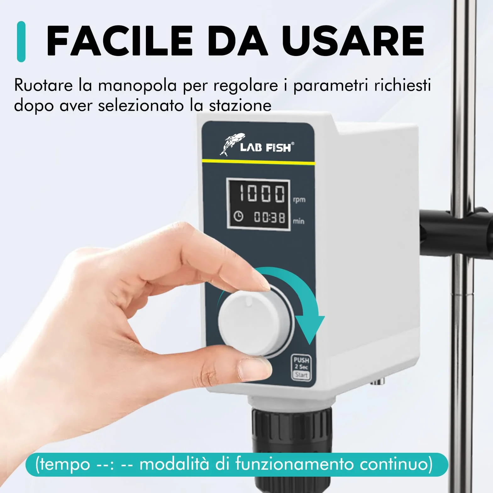 LAB FISH Agitatore a Immersione Overhead Stirrer, Miscelatore da Laboratorio 50W con Pala e Supporto Acciaio Inox, Velocità Regolabile 100-2000 RPM, Timer 1min-24h, per 20L & 20000 mPas