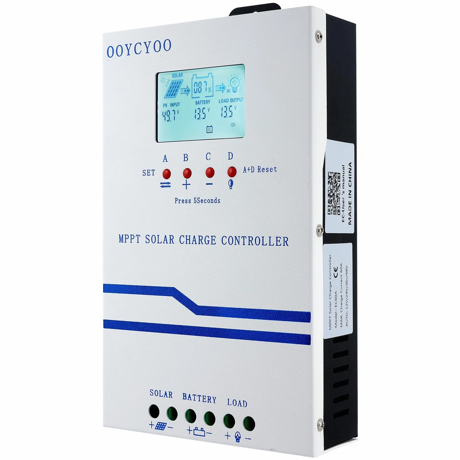 Regolatore di Carica Solare MPPT da 60A, 12V, 24V, 36V, 48V Auto Regolatore Solare, Ingresso PV, Max 160V, 2800W, Sistema da 48V, Adatto per Batterie al Piombo Acido e al Litio
